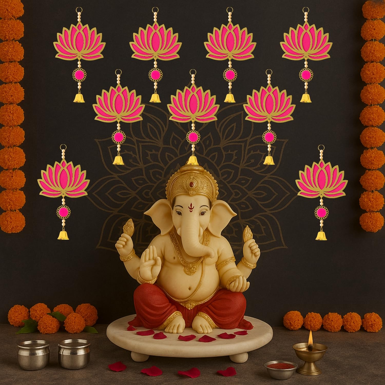 Panchhi Store Wall Hangings for Home Decoration Lotus Latkan Toran with Bells Diwali Dcor Items, Ganpati Decoration Items for Home Pooja Deocration Items for All Festivals Decore - Pink Pack of 6 - Image 4