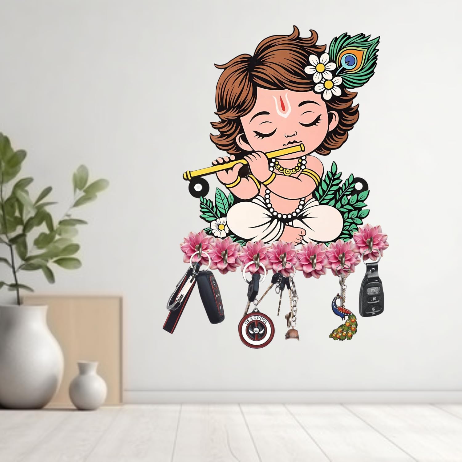 Webelkart Premium Wooden Key Holder for Home/Office Decor/Key Hanger for Wall Decor,Decorative Item for Home 9" Inches (Cute Krishna) - Image 3