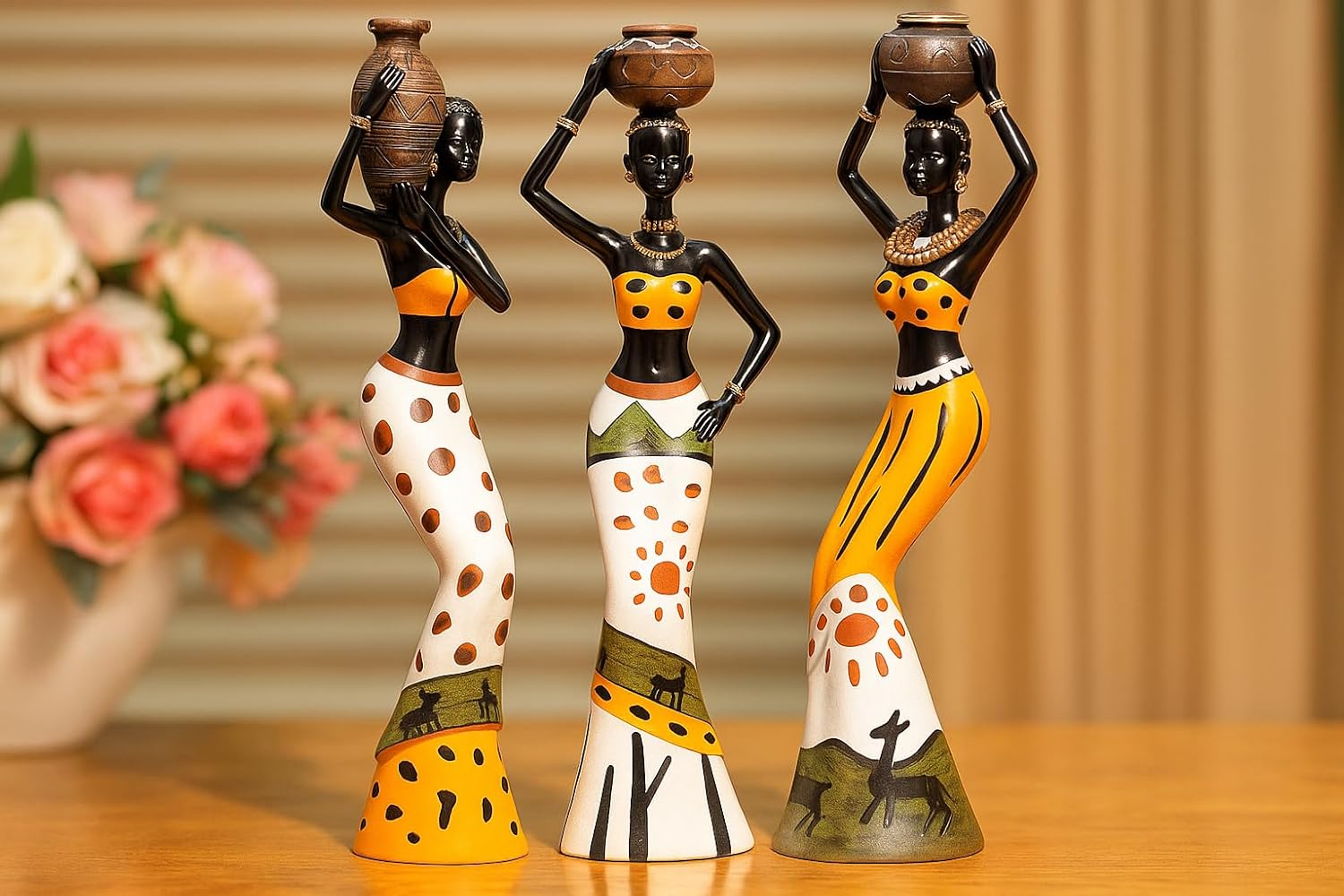 Xtore Beautiful Finish Uniquely Hand Crafted Home Dcor African Tribal Women Art Piece Handicraft Resin (Set of 3, Multicolour) - Image 4