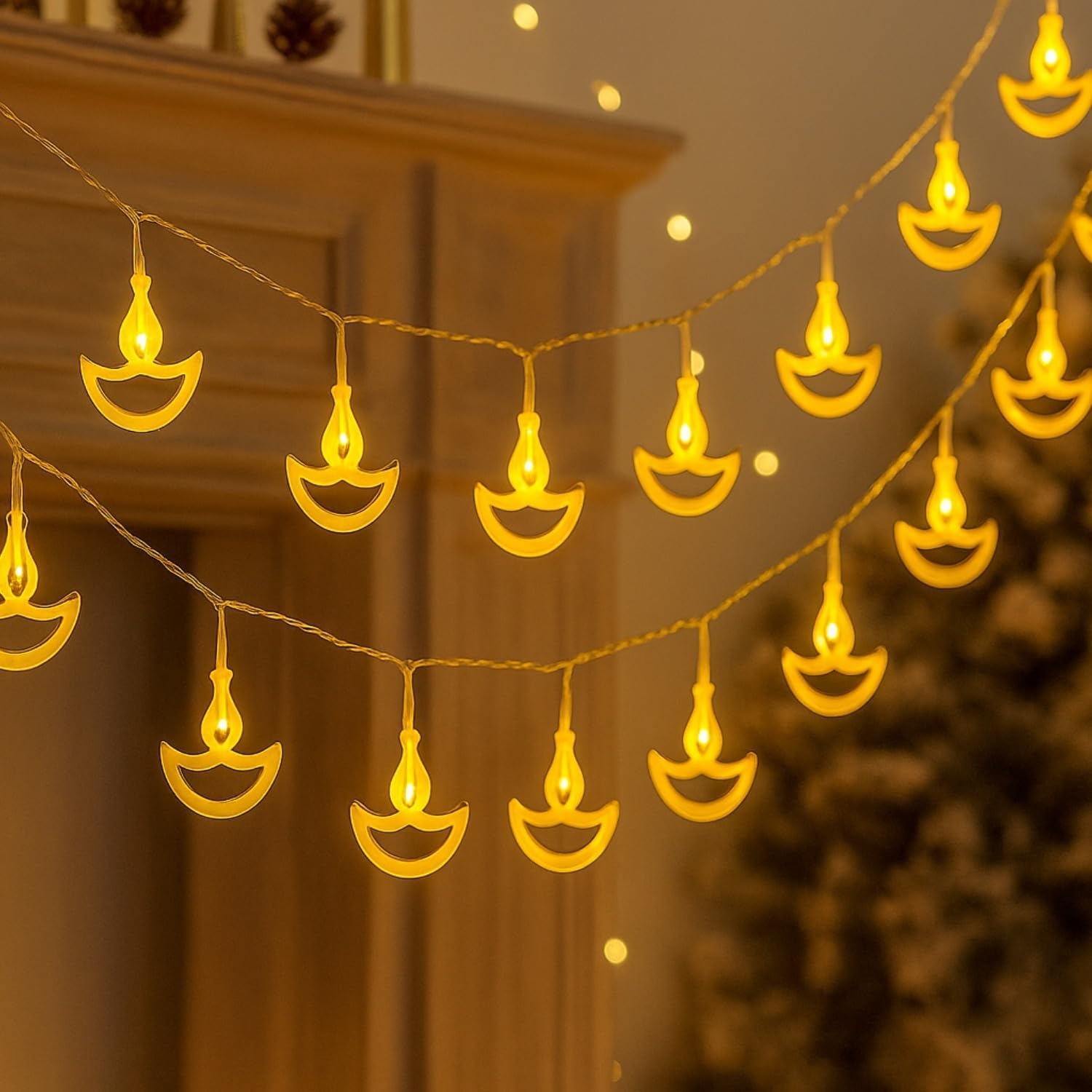 14 LED Metal Diya String Lights for Diwali Decoration, Pooja Room, Mandir, Wedding & Festive Home Décor | Decorative Diya Fairy Lights - Image 3