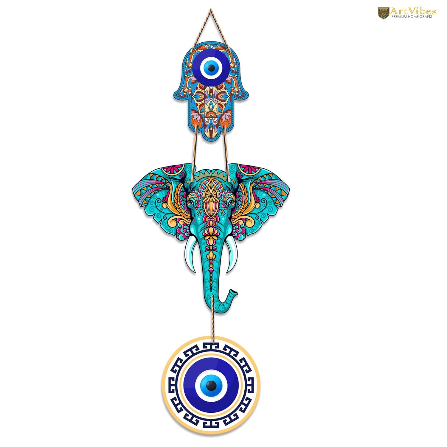 Artvibes Designer Elephant Wooden Wall Hanging for Home Decor | Hamsa Hand Decoration for Livingroom | Modern Artworks Items | Peace Charm Door Accent Decorative Hangings (WH_8506N) - Image 5