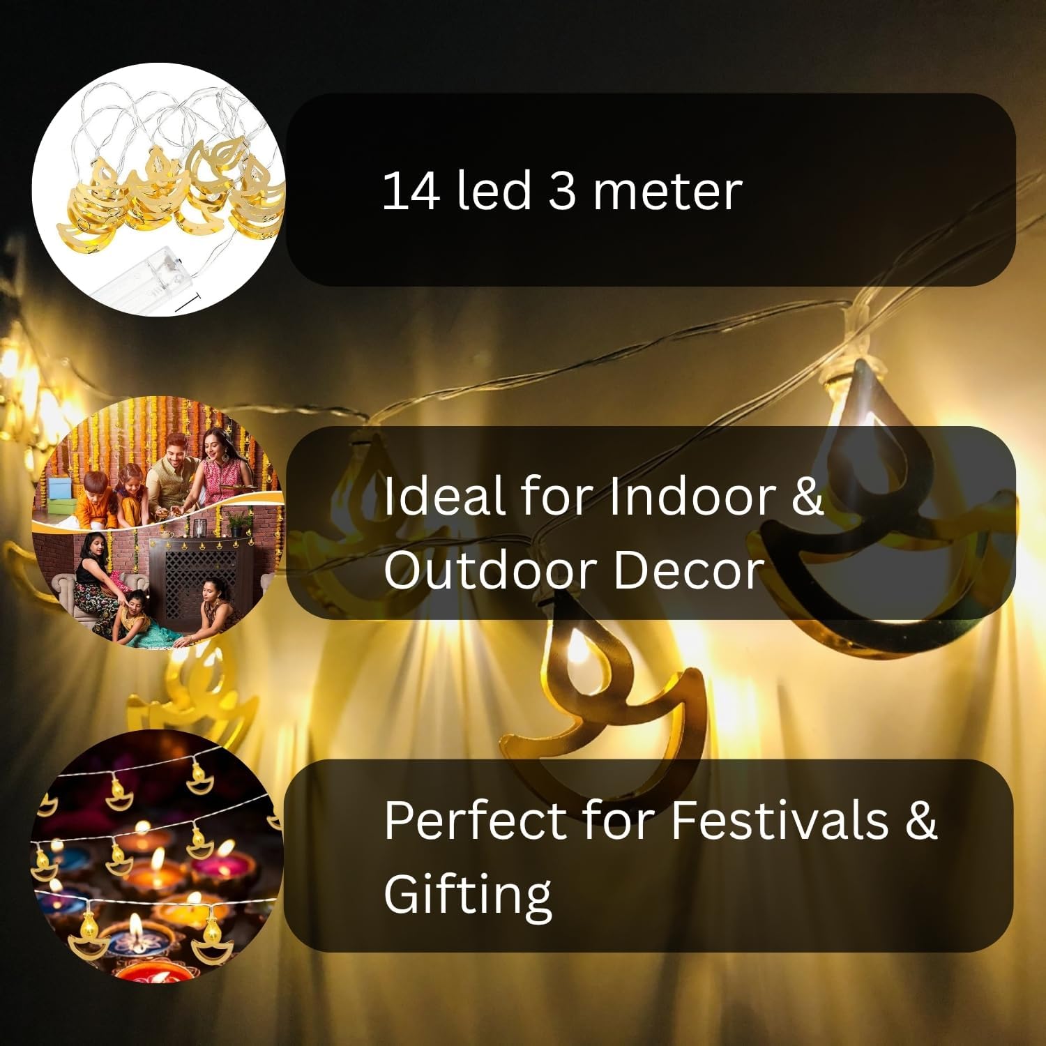 14 LED Metal Diya String Lights for Diwali Decoration, Pooja Room, Mandir, Wedding & Festive Home Décor | Decorative Diya Fairy Lights - Image 5