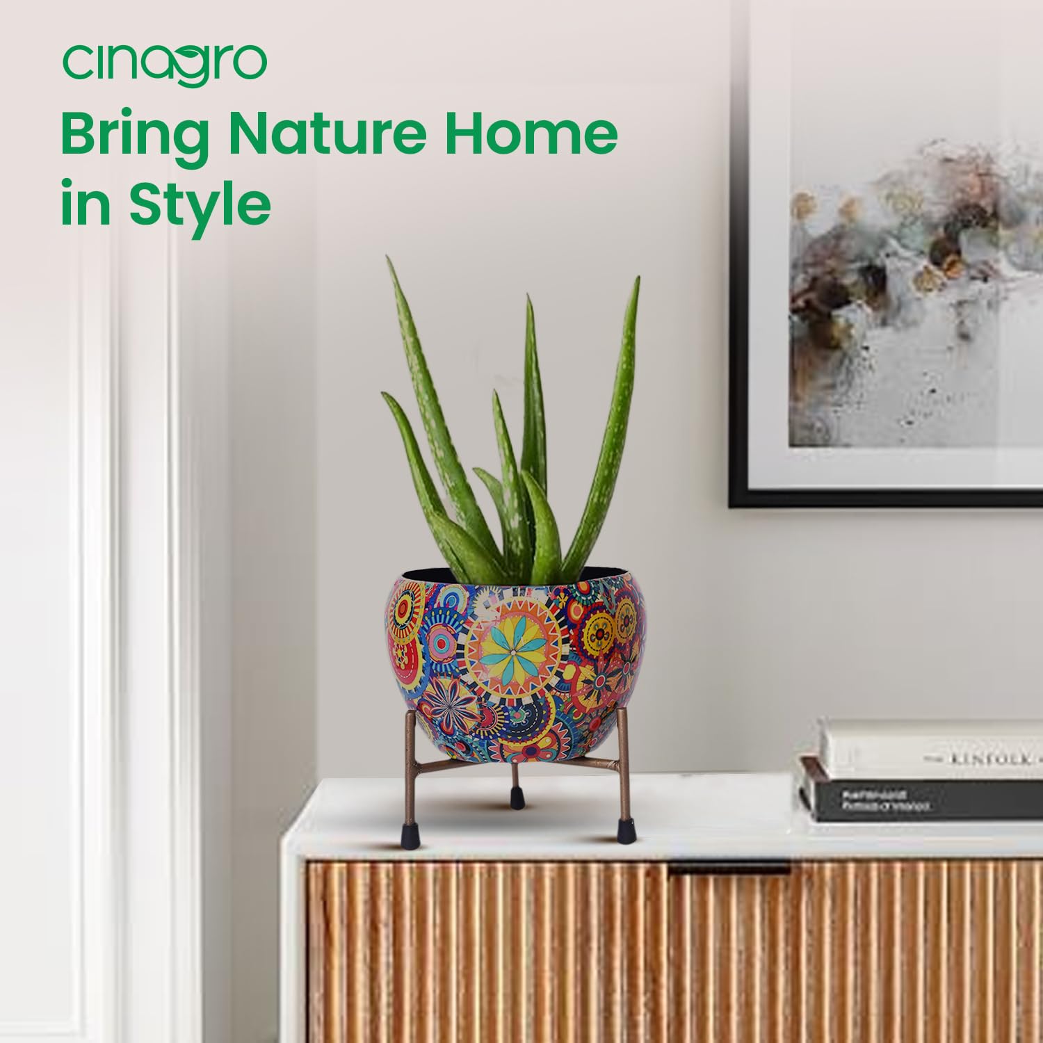 CINAGRO Metal Flower Vase Planter Pot with Iron Stand, Pots for Plants, Plant Pots for Home Decoration, Succulent Pot, Indoor Planter Garden Decor (Size: 6X6 inch) Style: Mandala Fusion Spectrum - Image 7