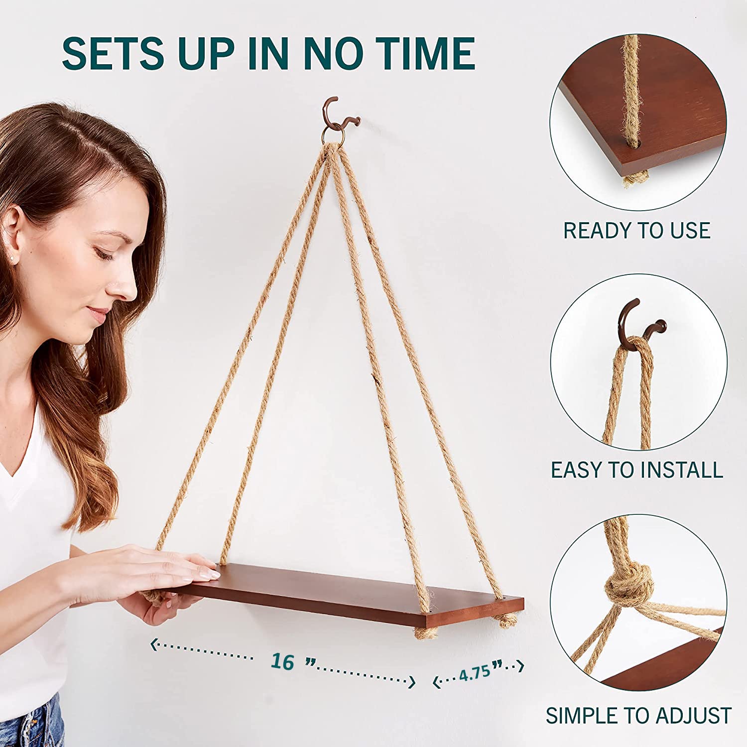 UHUD CRAFTS Hanging Shelves - Adjustable Rope Hanging Shelf, Wall Hanging Decor, Lightweight, Premium Wooden Shelf, Hanging Plant Shelf for Bedroom and Living Room (1 Pcs) - Image 4