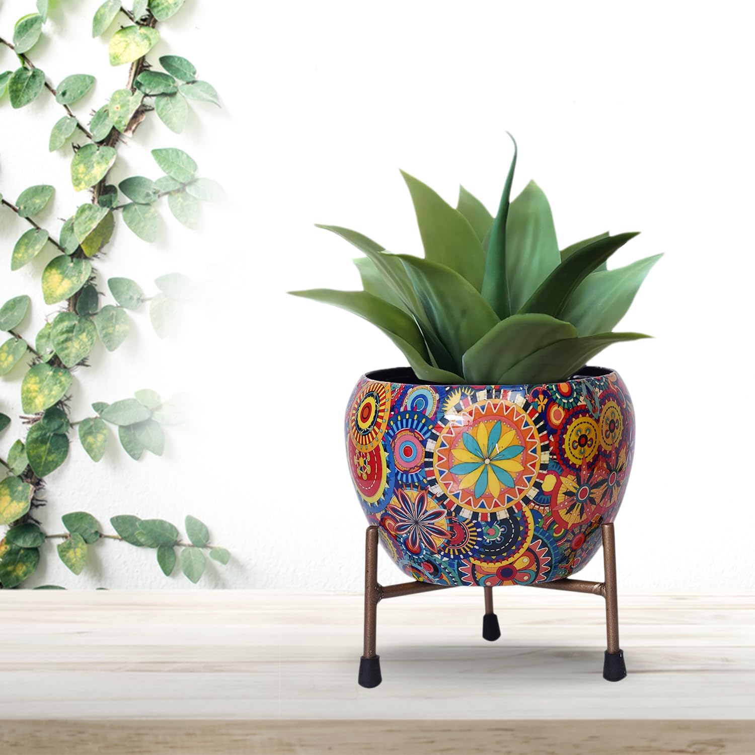 CINAGRO Metal Flower Vase Planter Pot with Iron Stand, Pots for Plants, Plant Pots for Home Decoration, Succulent Pot, Indoor Planter Garden Decor (Size: 6X6 inch) Style: Mandala Fusion Spectrum - Image 2