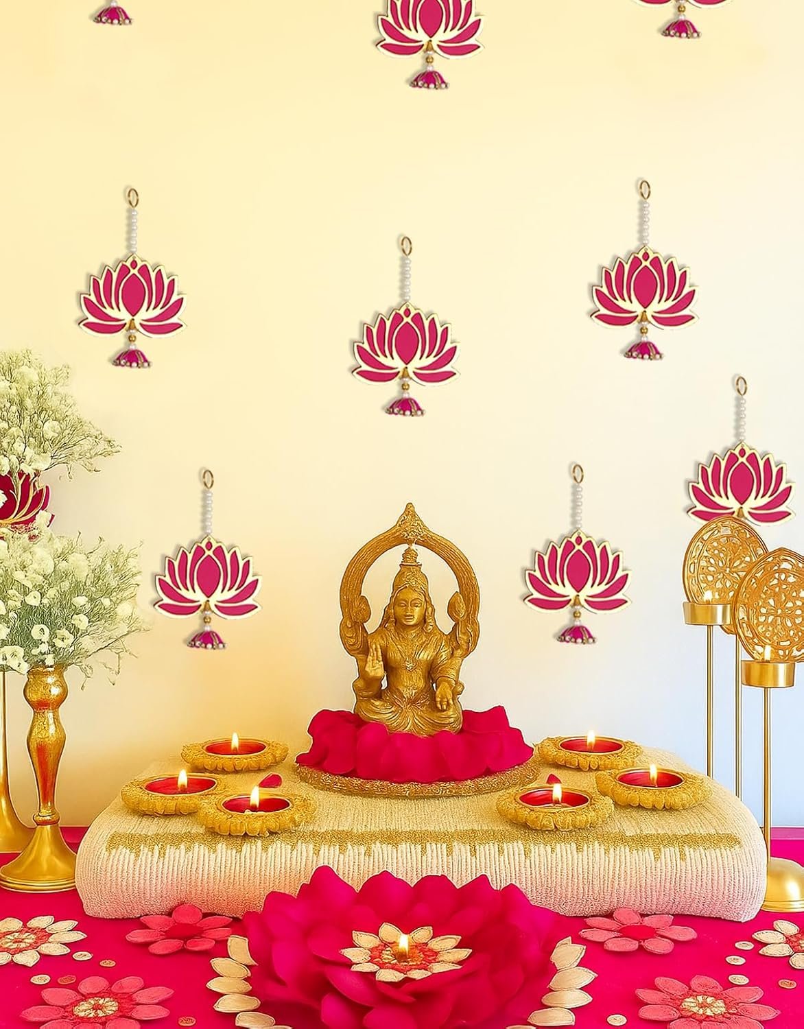 BENAVJI Presents Handmade MDF Wood Lotus Hangings Jhumki Style for Diwali Home Decor Temples Mandir Pooja Rooms All Festival Decorations Pink Color Lotus Pack of 6 - Image 9