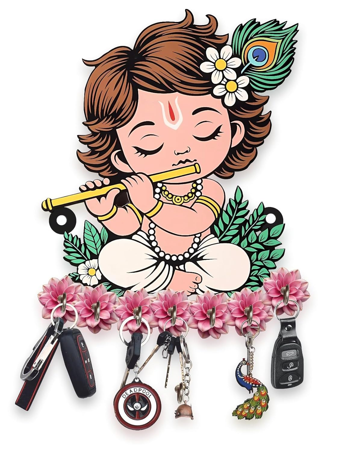 Webelkart Premium Wooden Key Holder for Home/Office Decor/Key Hanger for Wall Decor,Decorative Item for Home 9" Inches (Cute Krishna) - Image 2