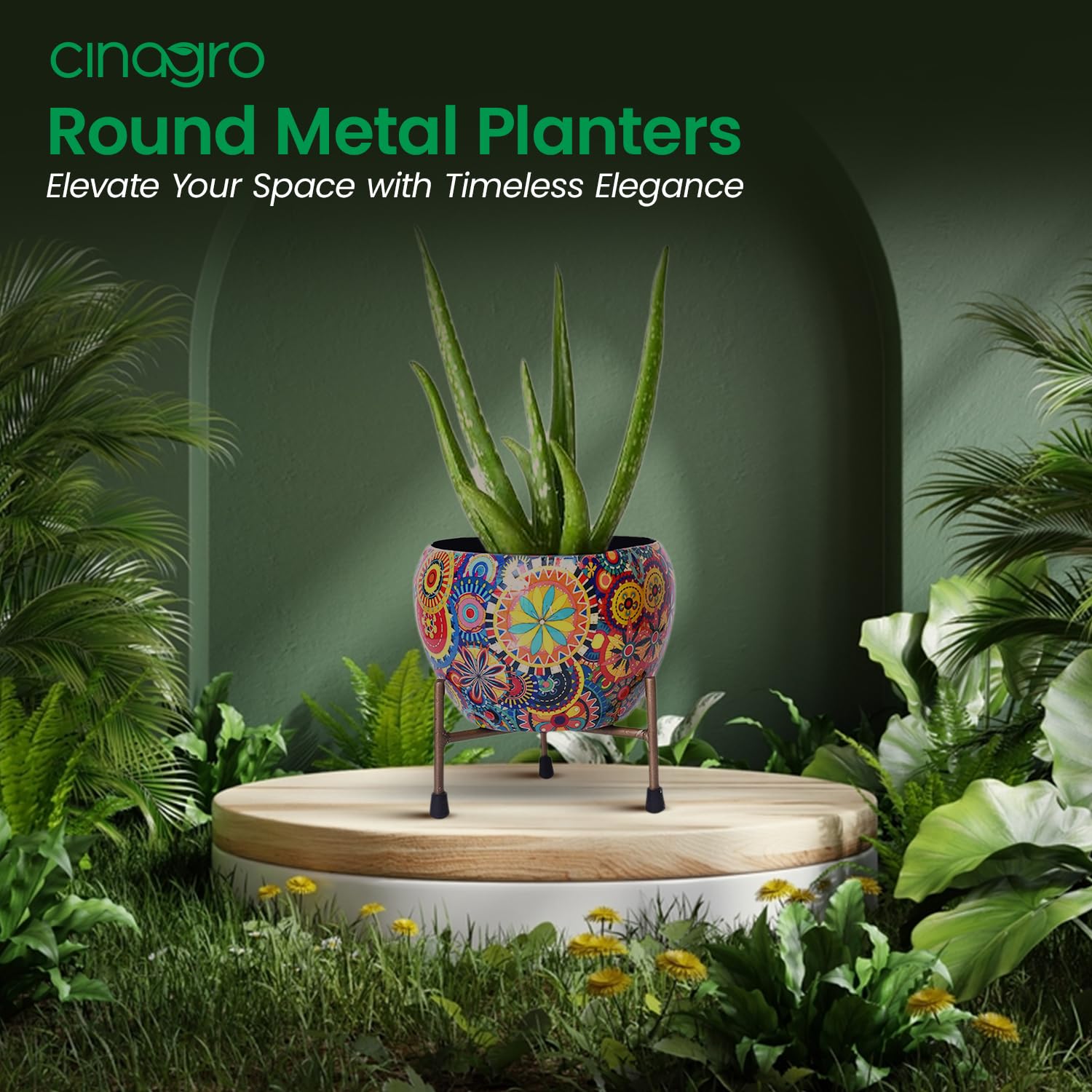 CINAGRO Metal Flower Vase Planter Pot with Iron Stand, Pots for Plants, Plant Pots for Home Decoration, Succulent Pot, Indoor Planter Garden Decor (Size: 6X6 inch) Style: Mandala Fusion Spectrum - Image 3