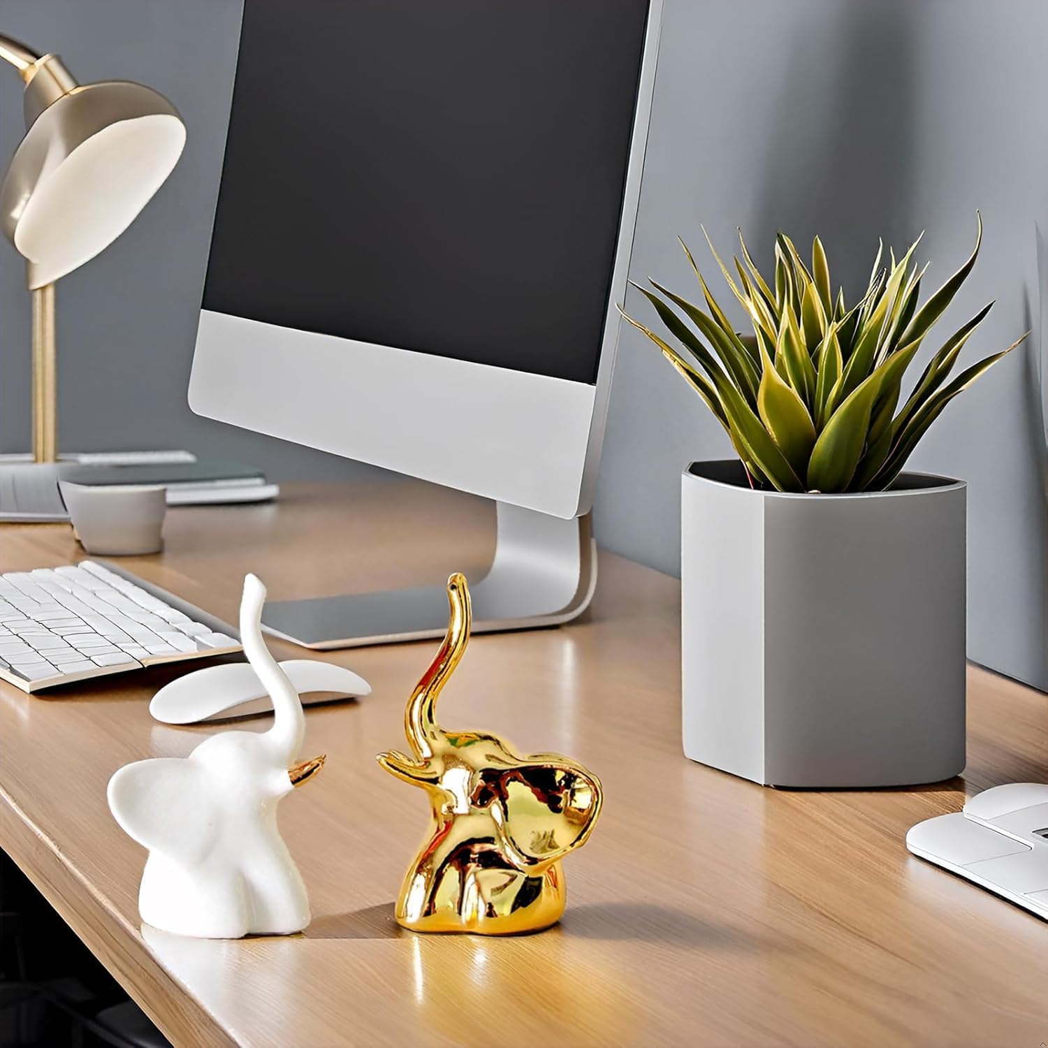 Home Decor Elephant Statue For Good Luck,Fengshui Ceramic Creative Small Modern Style Elephant Idol Figurines,Decorative Gift Items For Home,Office Desktop,Living Room (2pcs),White,Gold - Image 3