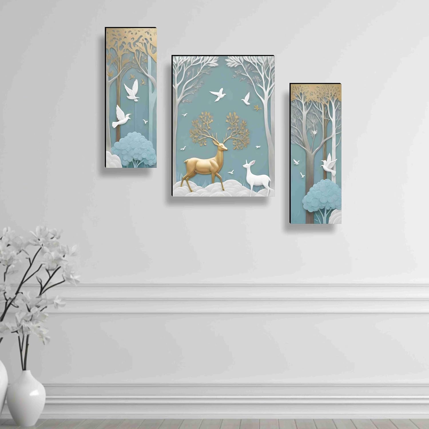 SAF deer Paintings for Wall Decoration - Set Of 3, 3d modern art Painting for Living Room Large Size with Frames for Home, Office painting 50.8 cm x 30.48 cm SANFJM36036-Engineered Wood - Image 4