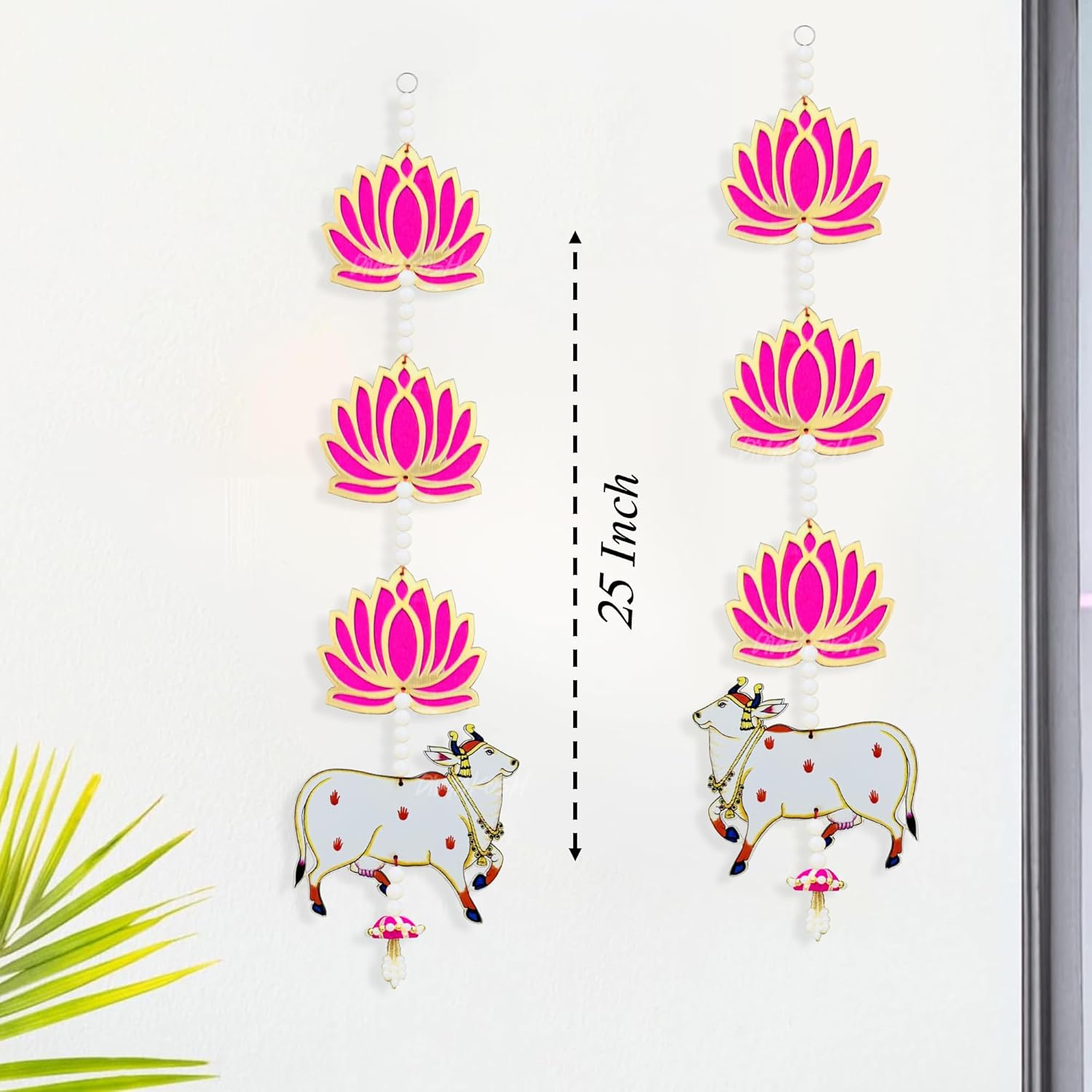 Divyakosh Engineered Wood Handmade Lotus with Cow & Jhumki Ganpati Diwali Home Decoration MDF Floral Wall Hangings Temple |1 Pair | 25 Inch Each | Makar Sankranti Giveaway,White & Pink - Image 5