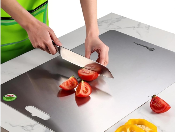 Stainless Steel chopping board for kitchen large (Extra Large 45 X 31.2 CM) Kitchen Food Grade,Stainless Steel, Cutting & Slicing Vegetable Chopper Board with Anti Skid Silicon Platform Countertop Pad