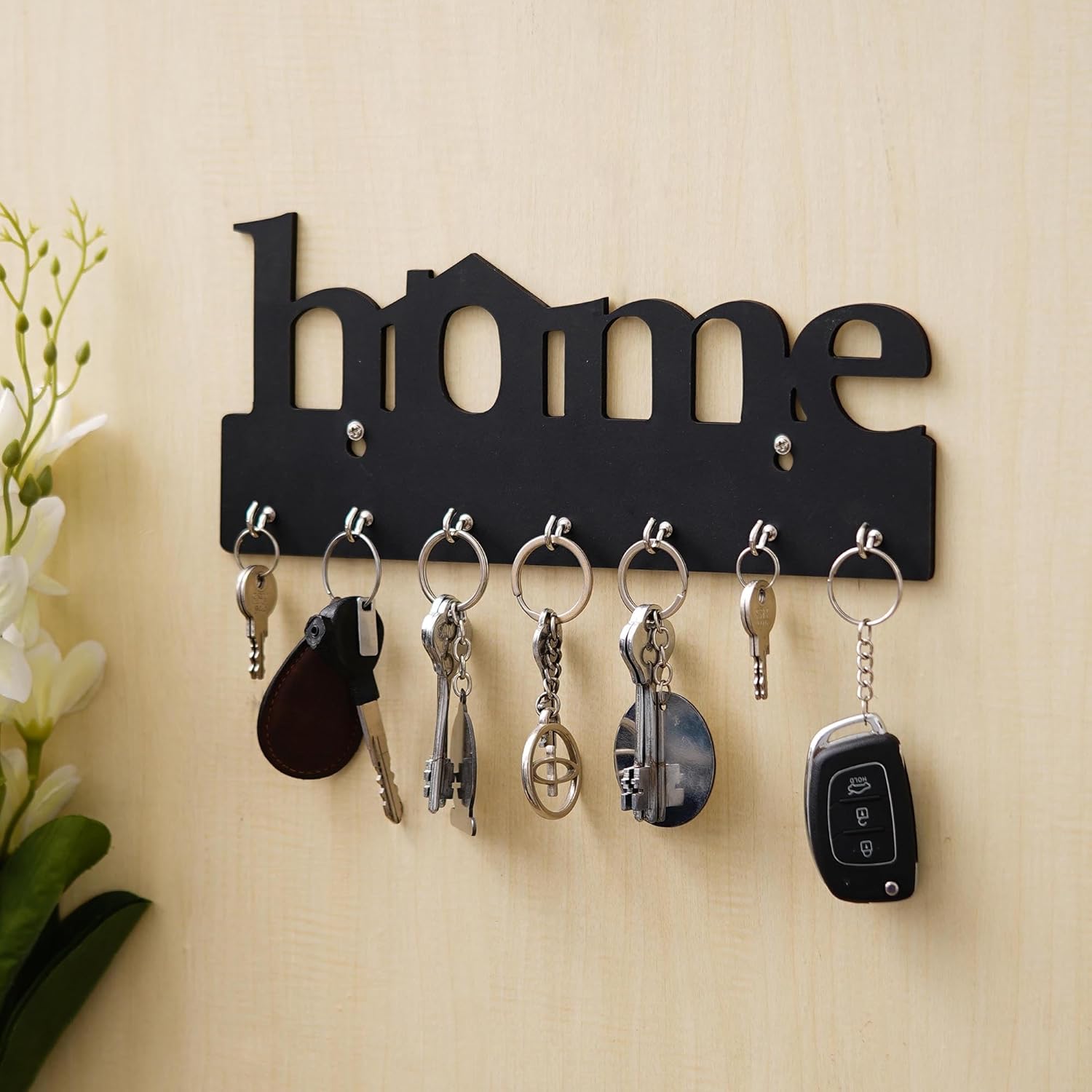 Webelkart Premium Home Keys Wooden Key Holder (29 cm x 13.5 cm x 0.4 cm, Wood) 7 Hook - Decorative Items for Home Decor (Black) - Image 3