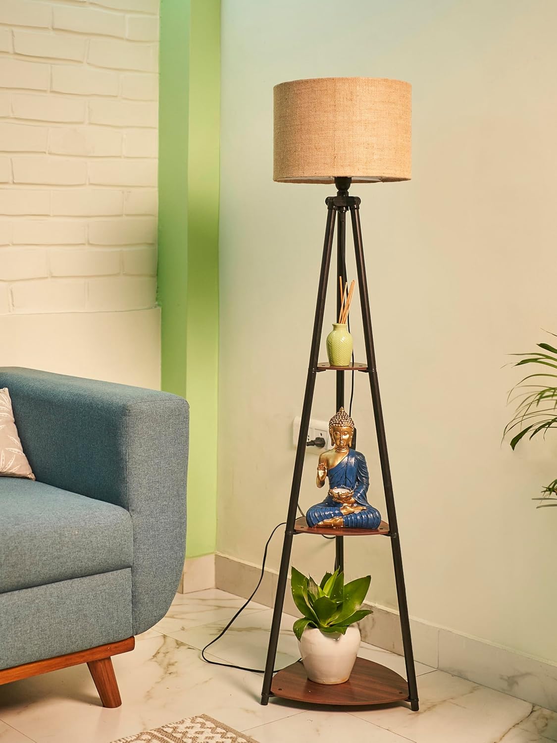 Crosscut Furniture LED Tripod Floor Lamp with 3 Shelves, Brown Jute, Metal Corner Floor Lamp, for Decoration and Gifting - Image 3