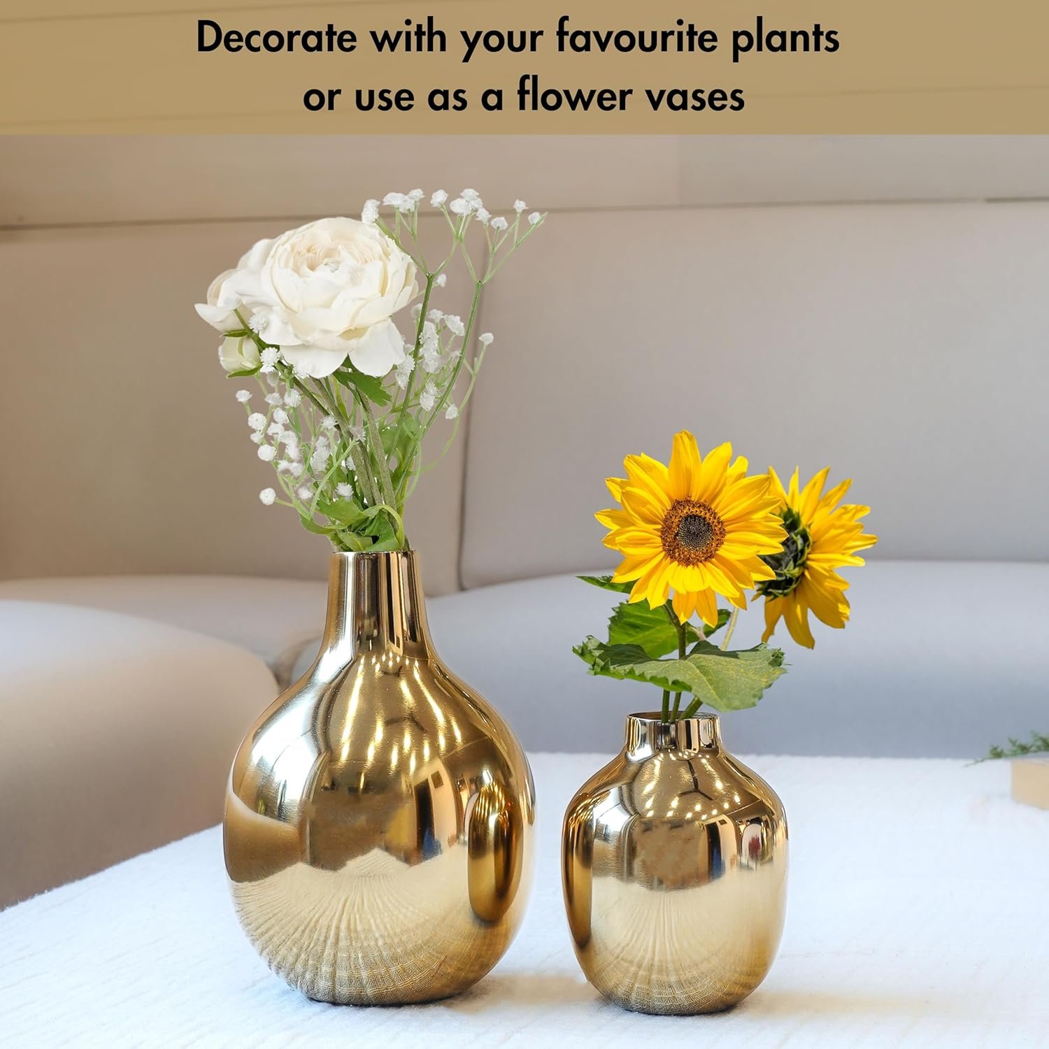 Behoma Glossy Golden Metal Flower Vase for Home Decor| Decoration Item for Living Room Office|Table Decorative Flower Pot for Gifting on Diwali Ganpati Onam | (Pack of 2, Gold) (Flowers not Included) - Image 6