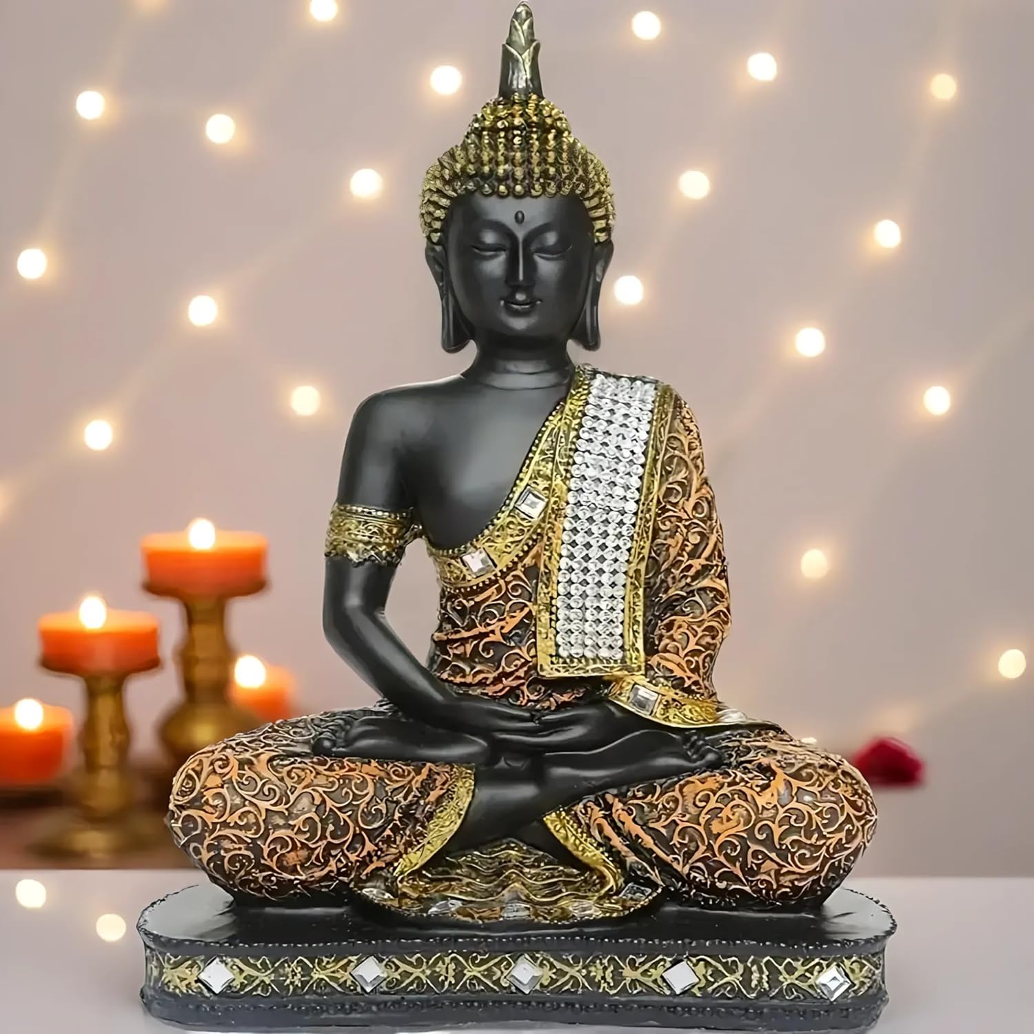 Global Grabbers New 25 Centimetre Meditating Sitting Buddha Statue showpiece Idol Home Decor Items for Living Room and Gifts (1, Orange Black) - Image 2