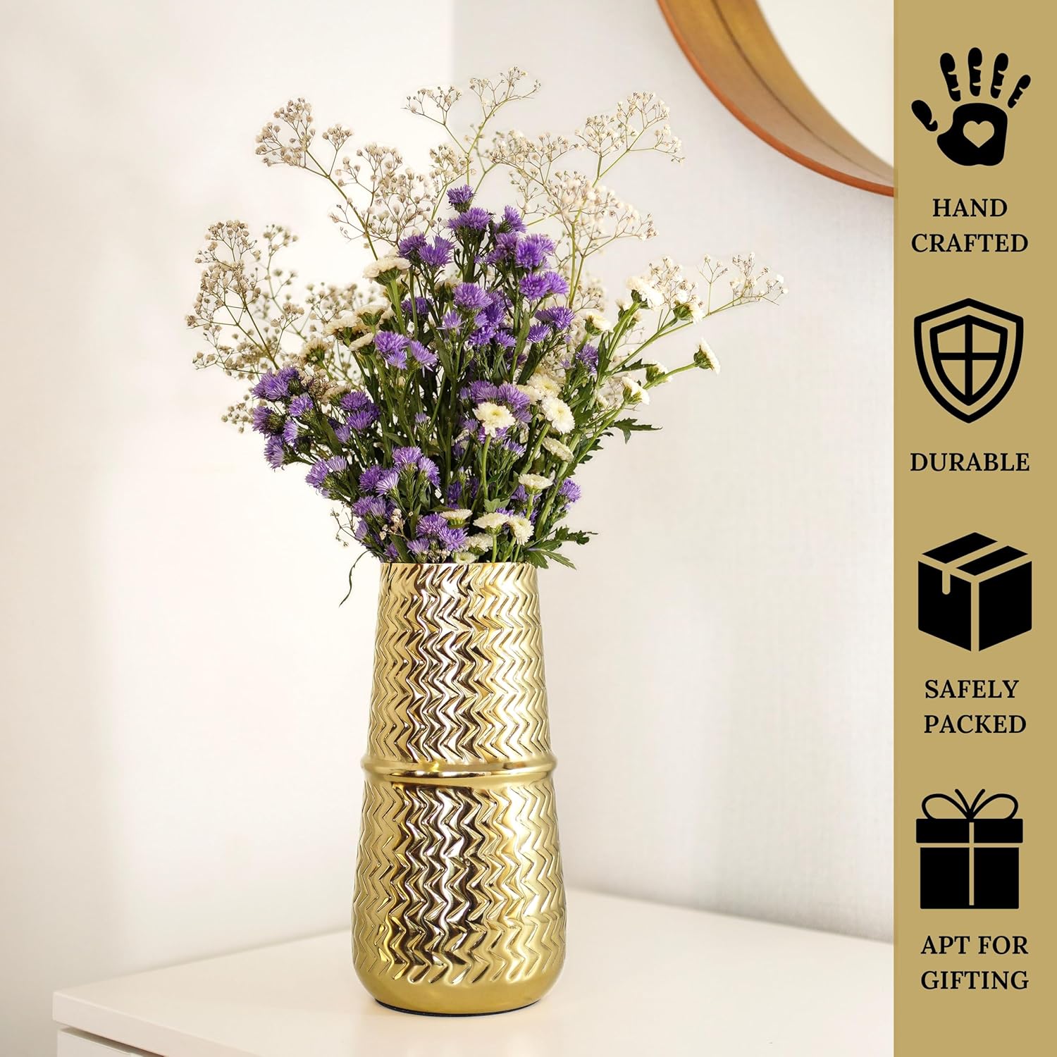 BEHOMA Arrow Engrave Metal Cylindrical Vase for Living Room,Decoratives for Indoor Home Decor Office Decor Balcony,Best Gift for Birthday Anniversary Festival,Golden 1 Large Pcs(Flower not Included) - Image 5