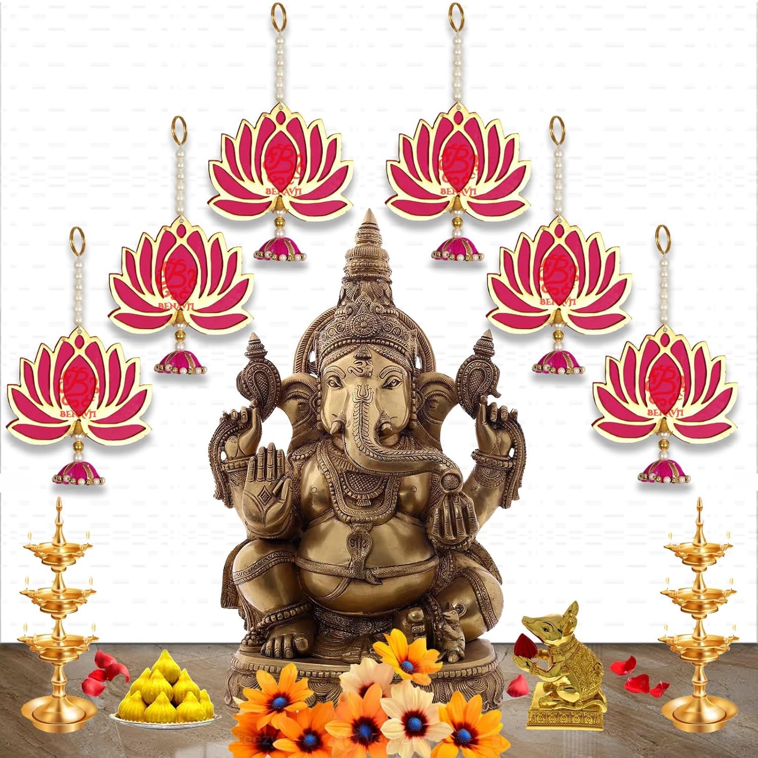 BENAVJI Presents Handmade MDF Wood Lotus Hangings Jhumki Style for Diwali Home Decor Temples Mandir Pooja Rooms All Festival Decorations Pink Color Lotus Pack of 6 - Image 5