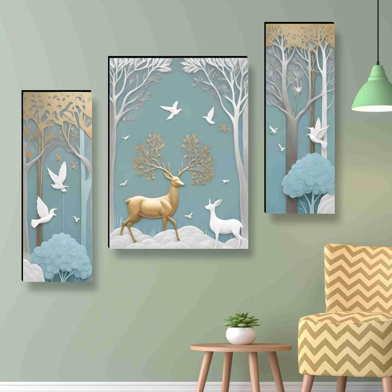 SAF deer Paintings for Wall Decoration - Set Of 3, 3d modern art Painting for Living Room Large Size with Frames for Home, Office painting 50.8 cm x 30.48 cm SANFJM36036-Engineered Wood - Image 3