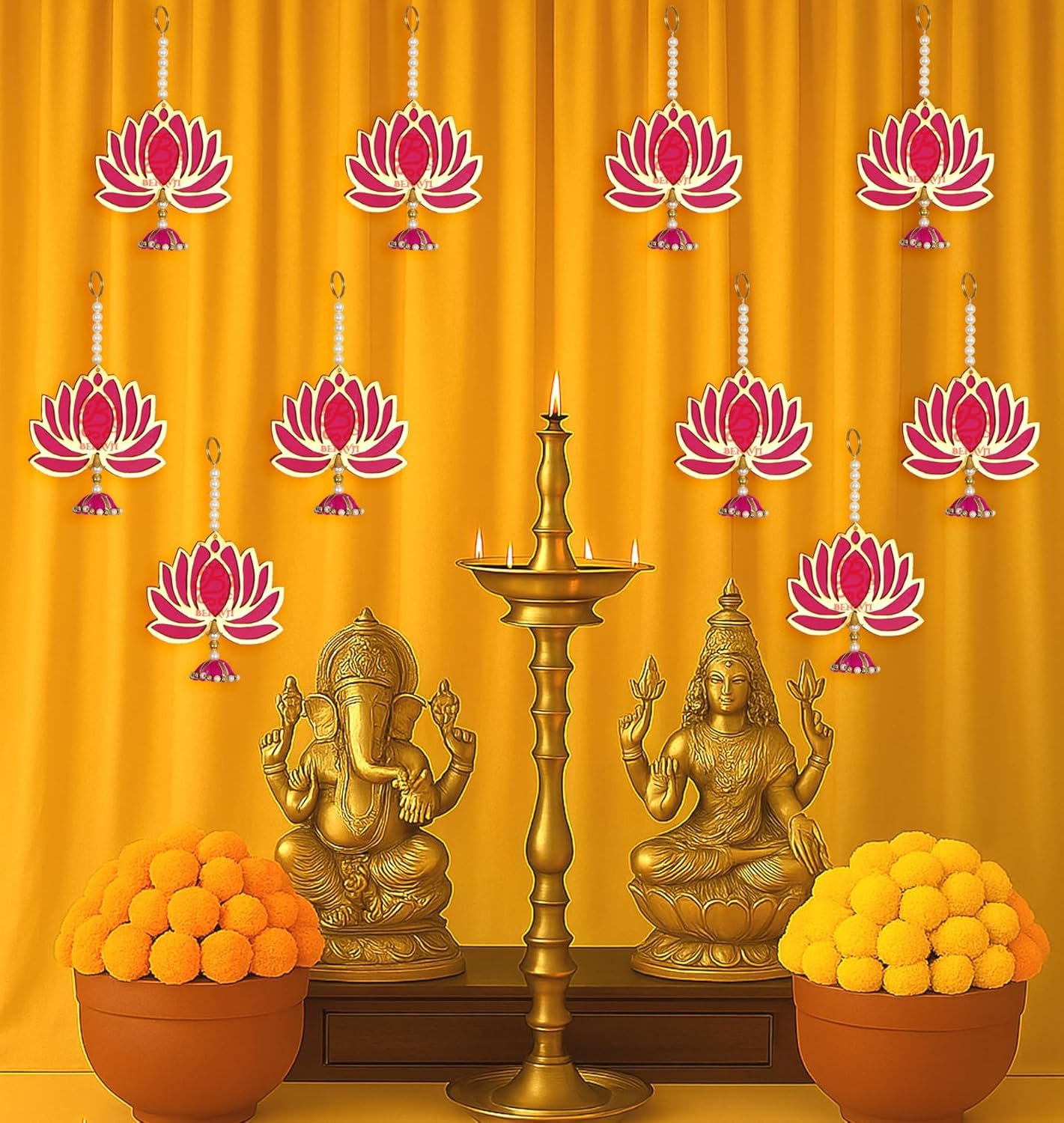BENAVJI Presents Handmade MDF Wood Lotus Hangings Jhumki Style for Diwali Home Decor Temples Mandir Pooja Rooms All Festival Decorations Pink Color Lotus Pack of 6 - Image 3
