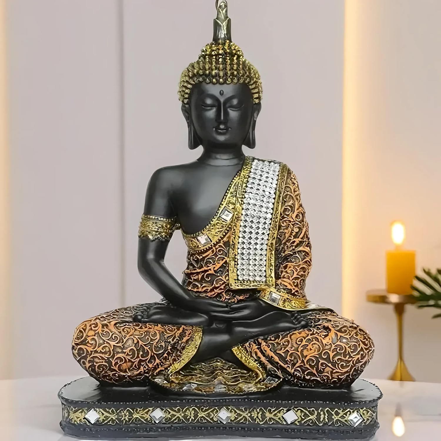Global Grabbers New 25 Centimetre Meditating Sitting Buddha Statue showpiece Idol Home Decor Items for Living Room and Gifts (1, Orange Black) - Image 4
