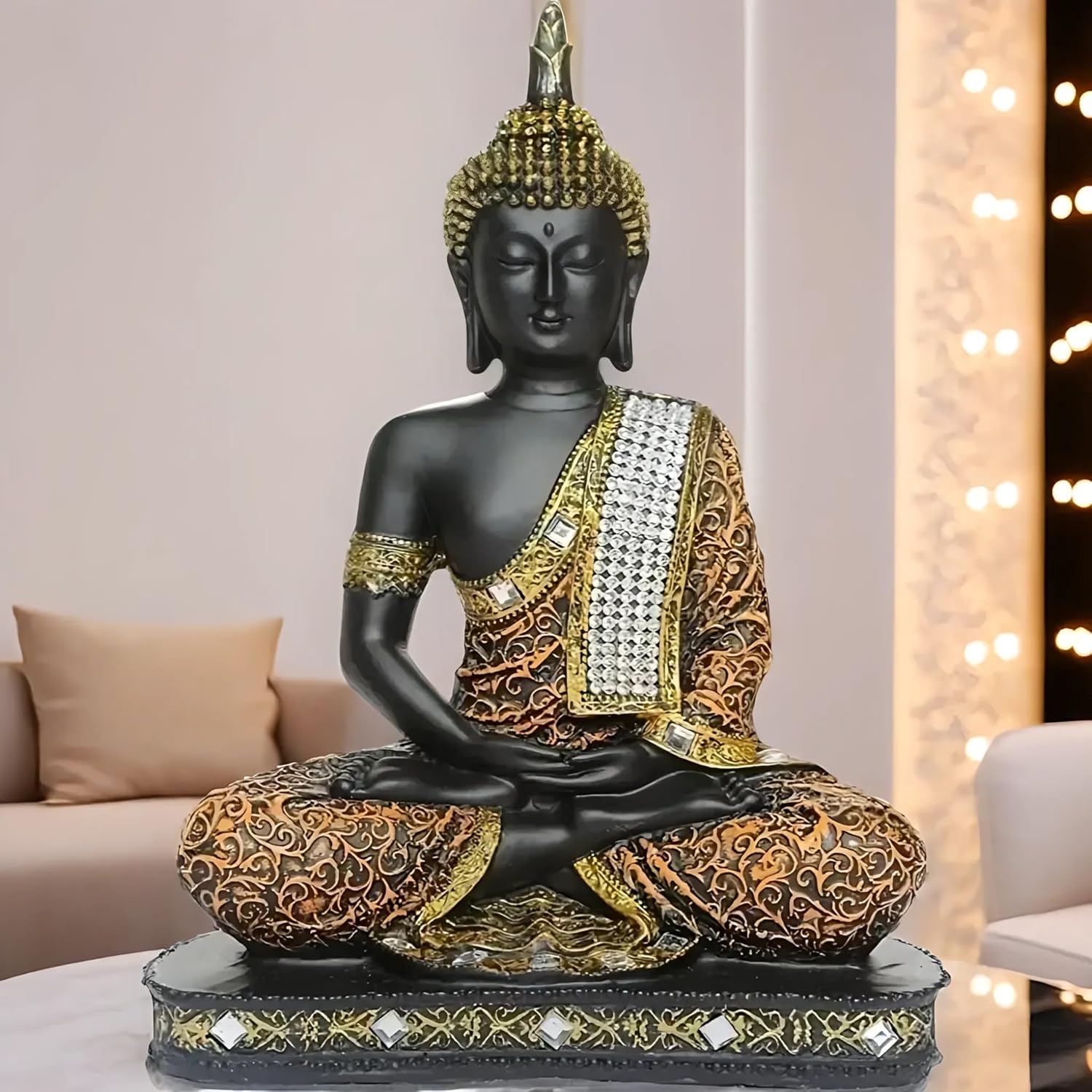 Global Grabbers New 25 Centimetre Meditating Sitting Buddha Statue showpiece Idol Home Decor Items for Living Room and Gifts (1, Orange Black) - Image 5