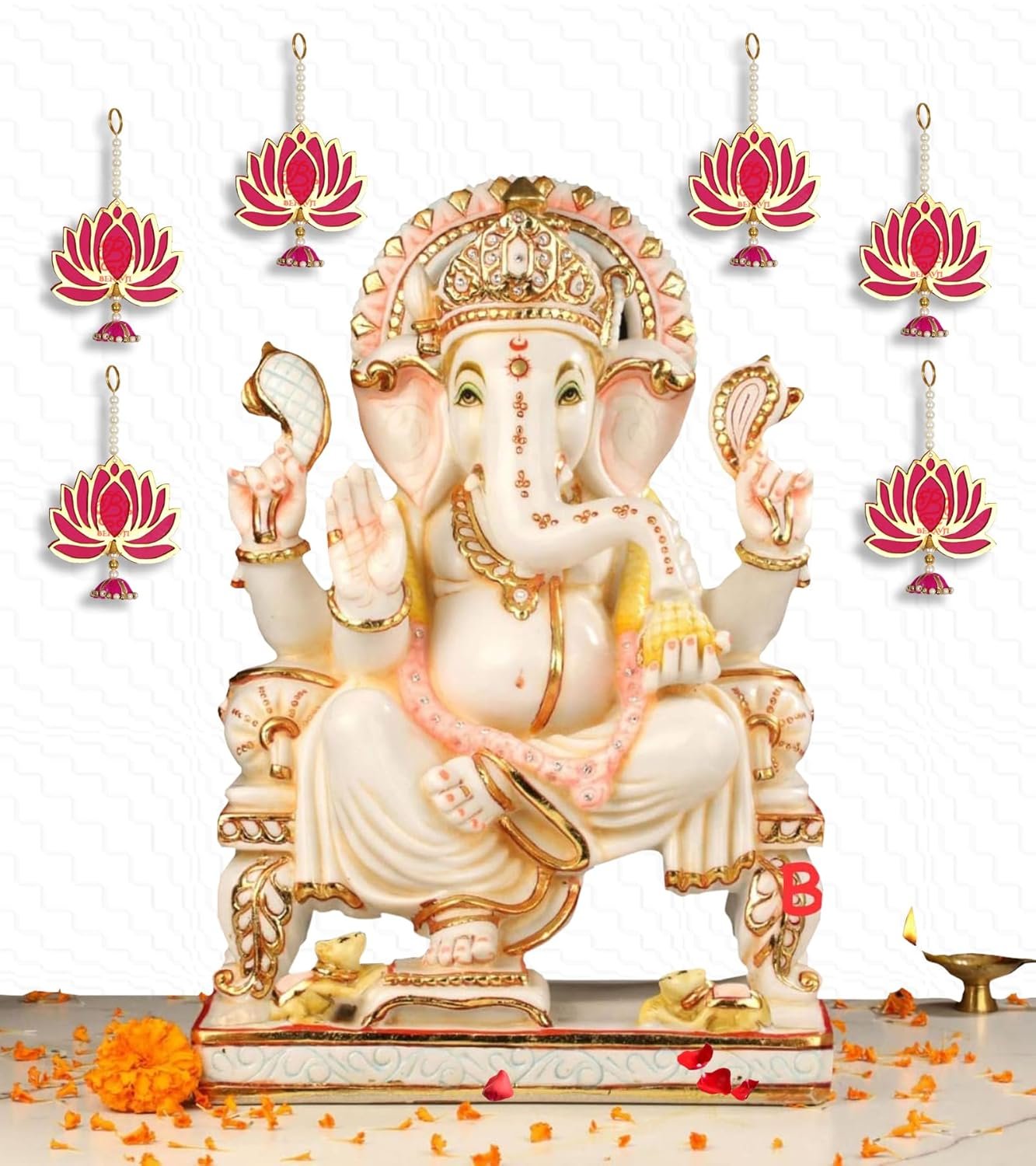 BENAVJI Presents Handmade MDF Wood Lotus Hangings Jhumki Style for Diwali Home Decor Temples Mandir Pooja Rooms All Festival Decorations Pink Color Lotus Pack of 6 - Image 4