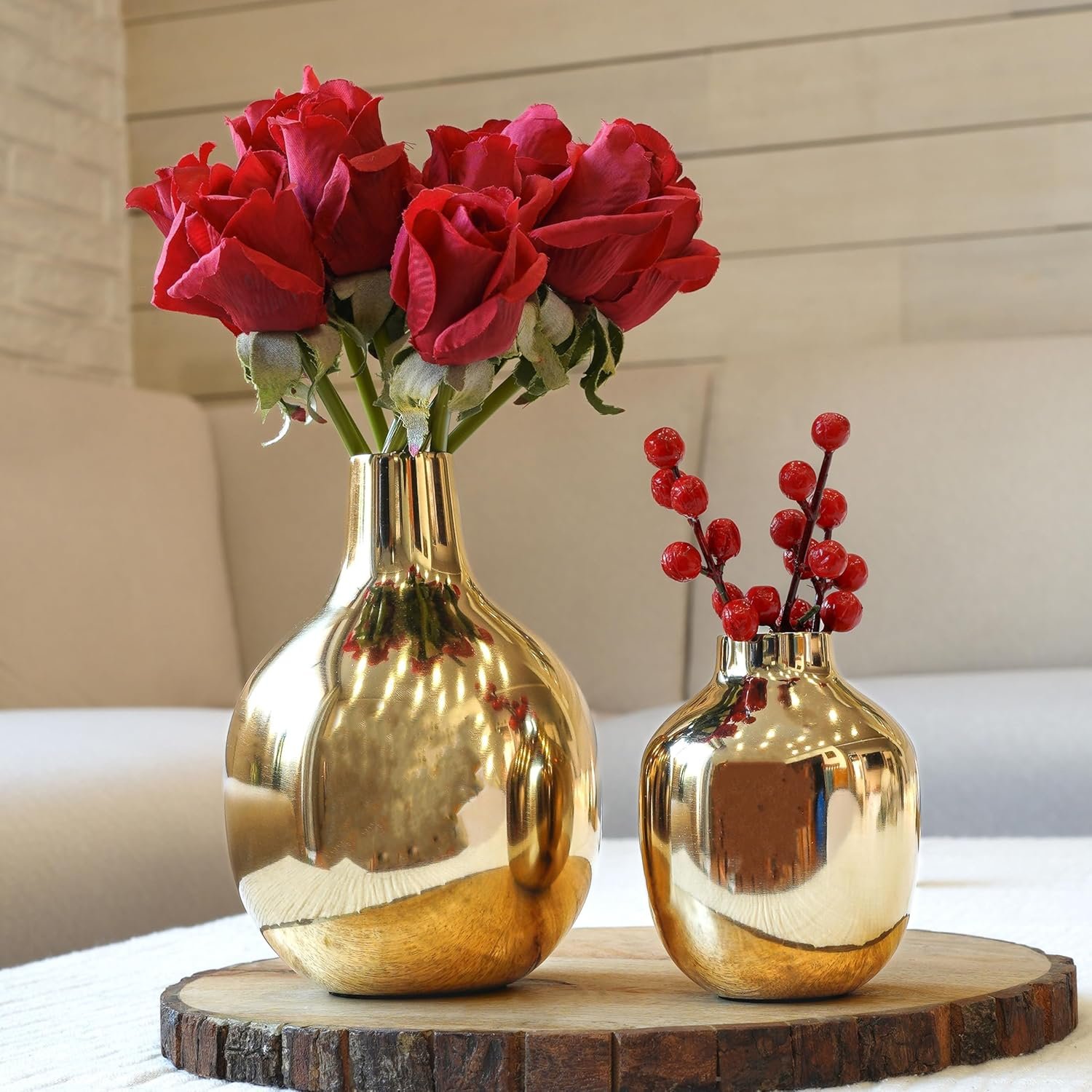 Behoma Glossy Golden Metal Flower Vase for Home Decor| Decoration Item for Living Room Office|Table Decorative Flower Pot for Gifting on Diwali Ganpati Onam | (Pack of 2, Gold) (Flowers not Included) - Image 3