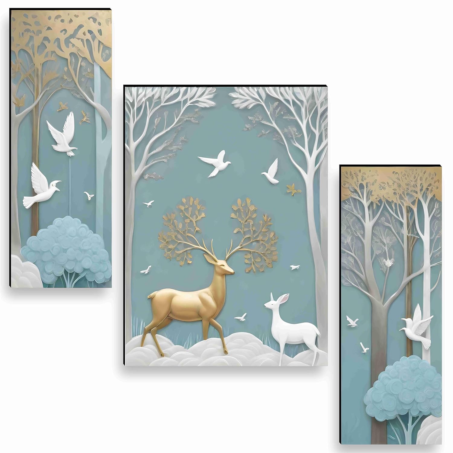 SAF deer Paintings for Wall Decoration - Set Of 3, 3d modern art Painting for Living Room Large Size with Frames for Home, Office painting 50.8 cm x 30.48 cm SANFJM36036-Engineered Wood - Image 2