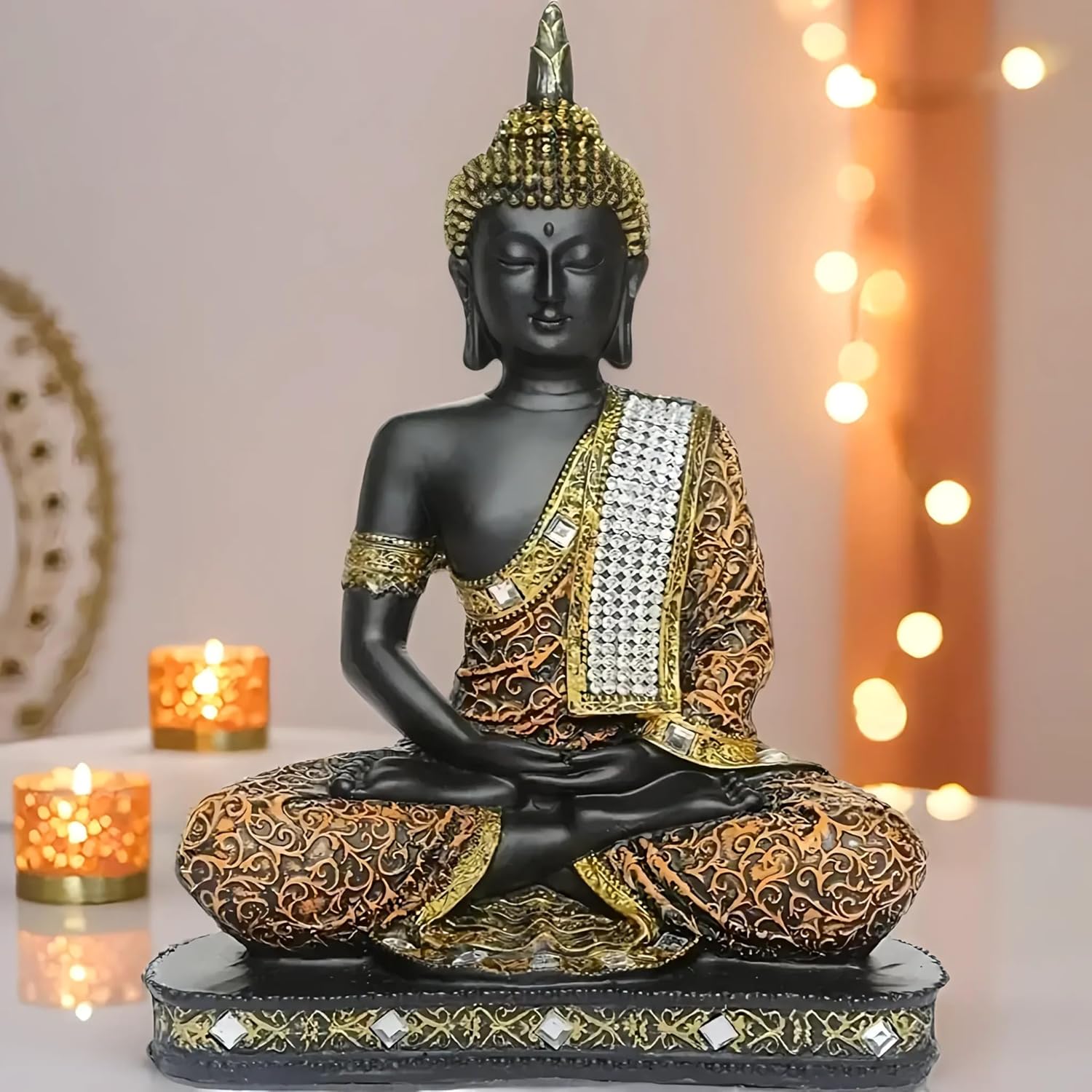 Global Grabbers New 25 Centimetre Meditating Sitting Buddha Statue showpiece Idol Home Decor Items for Living Room and Gifts (1, Orange Black) - Image 3