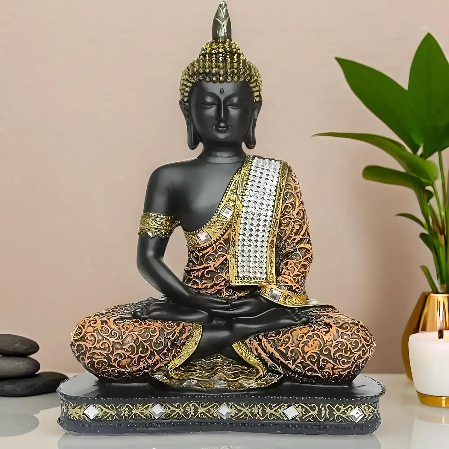 Global Grabbers New 25 Centimetre Meditating Sitting Buddha Statue showpiece Idol Home Decor Items for Living Room and Gifts (1, Orange Black) - Image 8
