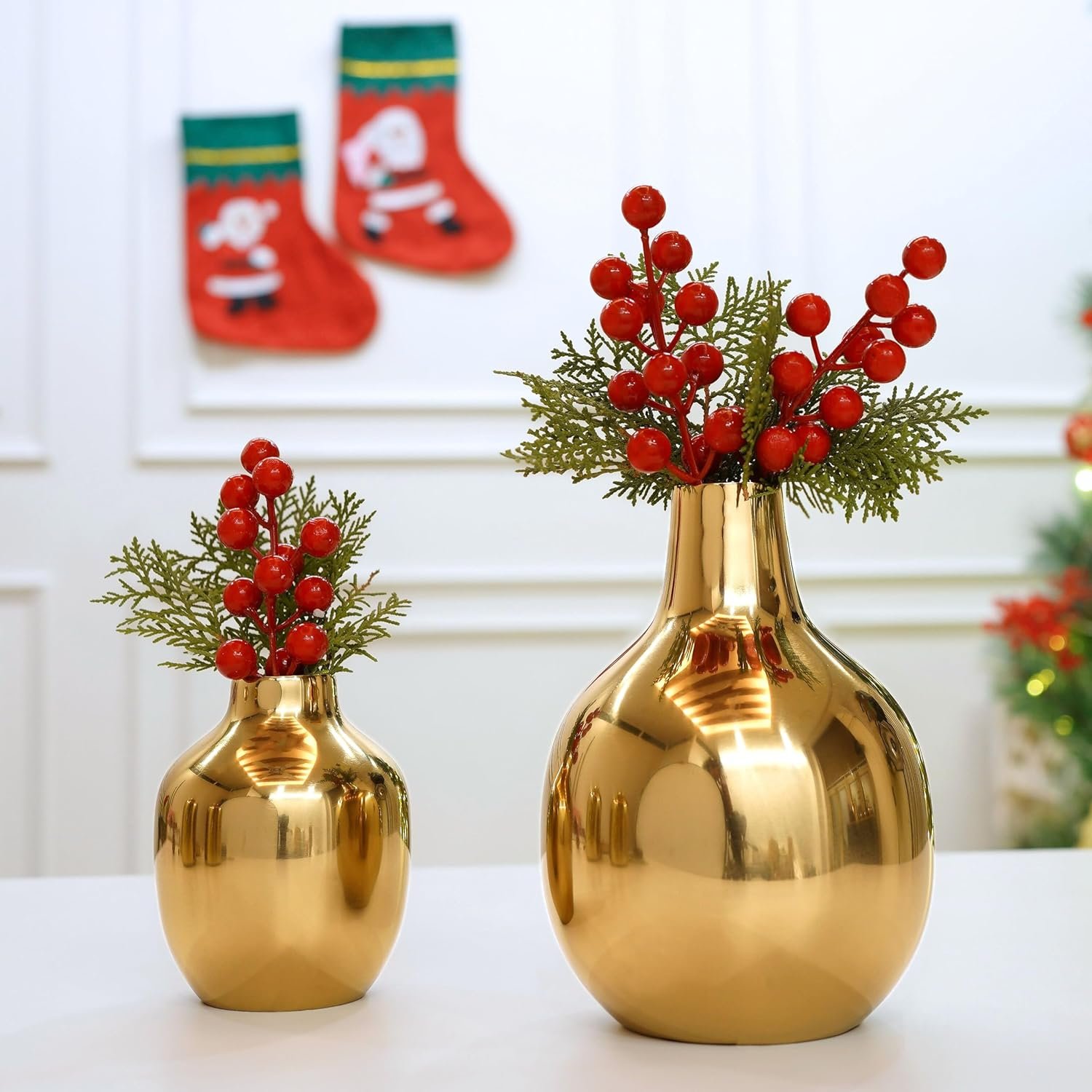 Behoma Glossy Golden Metal Flower Vase for Home Decor| Decoration Item for Living Room Office|Table Decorative Flower Pot for Gifting on Diwali Ganpati Onam | (Pack of 2, Gold) (Flowers not Included) - Image 2