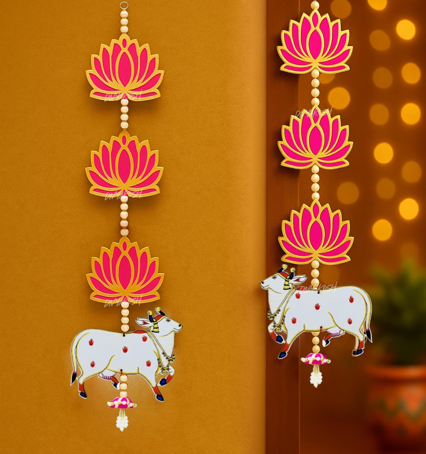 Divyakosh Engineered Wood Handmade Lotus with Cow & Jhumki Ganpati Diwali Home Decoration MDF Floral Wall Hangings Temple |1 Pair | 25 Inch Each | Makar Sankranti Giveaway,White & Pink - Image 4