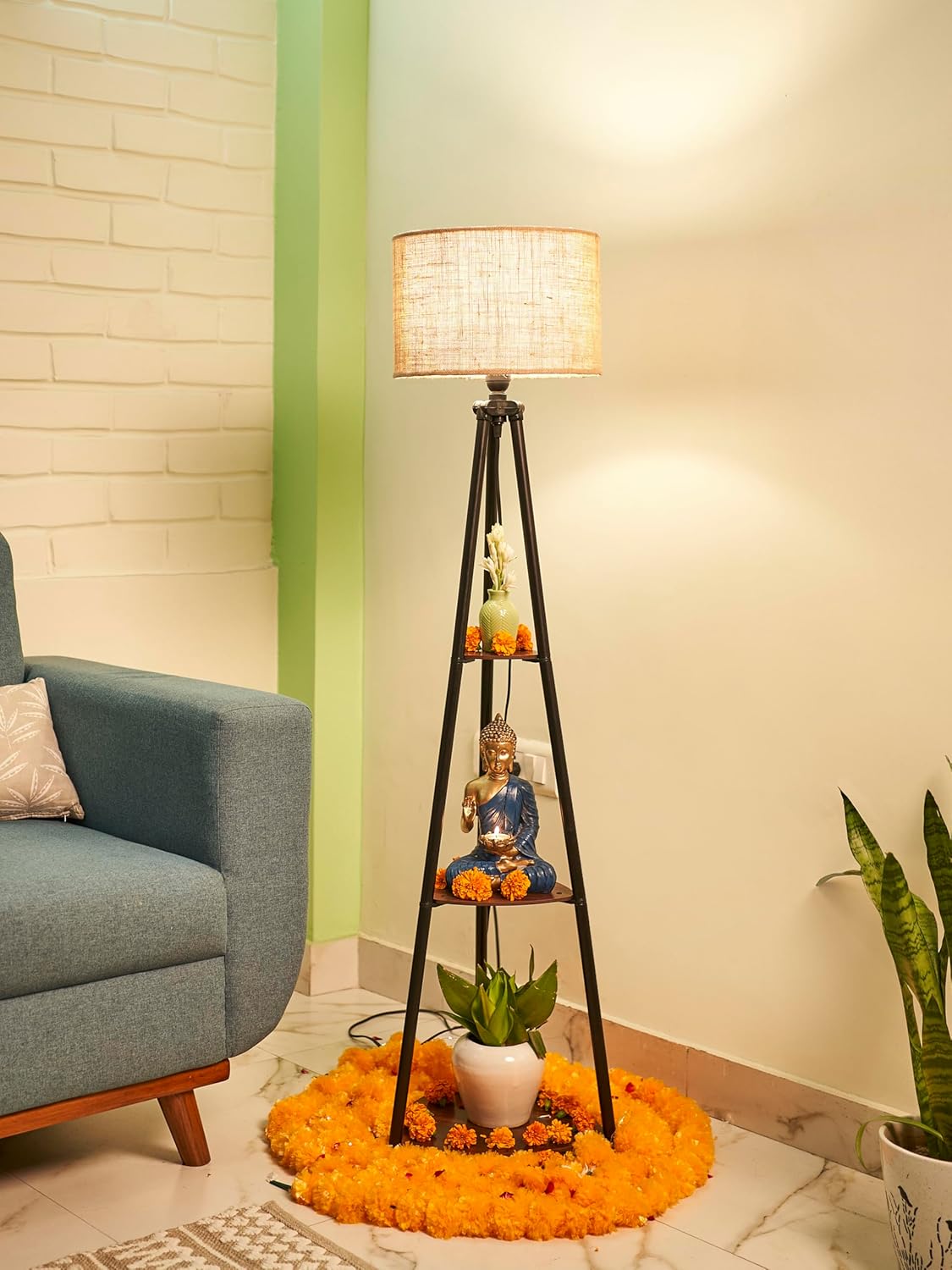 Crosscut Furniture LED Tripod Floor Lamp with 3 Shelves, Brown Jute, Metal Corner Floor Lamp, for Decoration and Gifting - Image 8