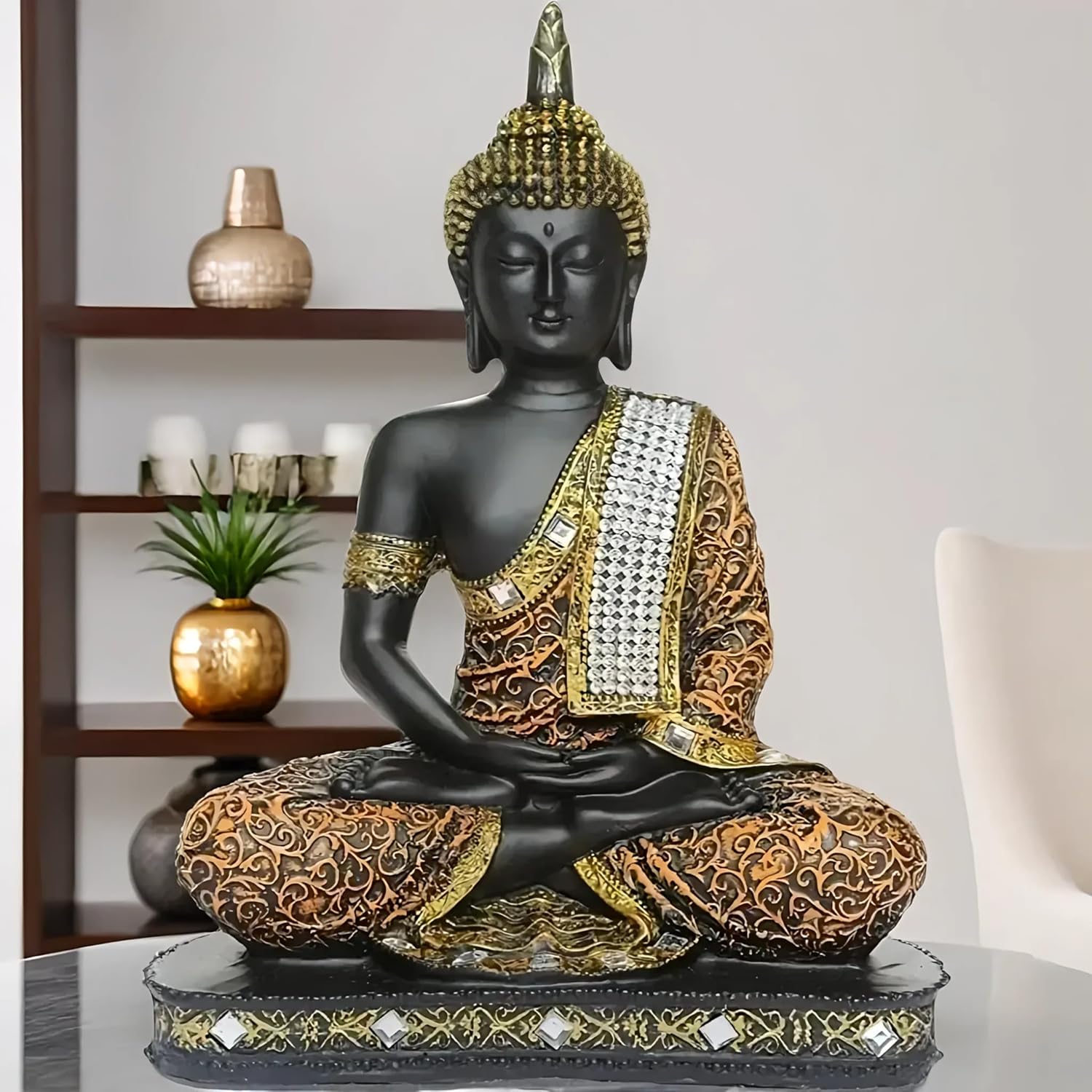 Global Grabbers New 25 Centimetre Meditating Sitting Buddha Statue showpiece Idol Home Decor Items for Living Room and Gifts (1, Orange Black) - Image 6