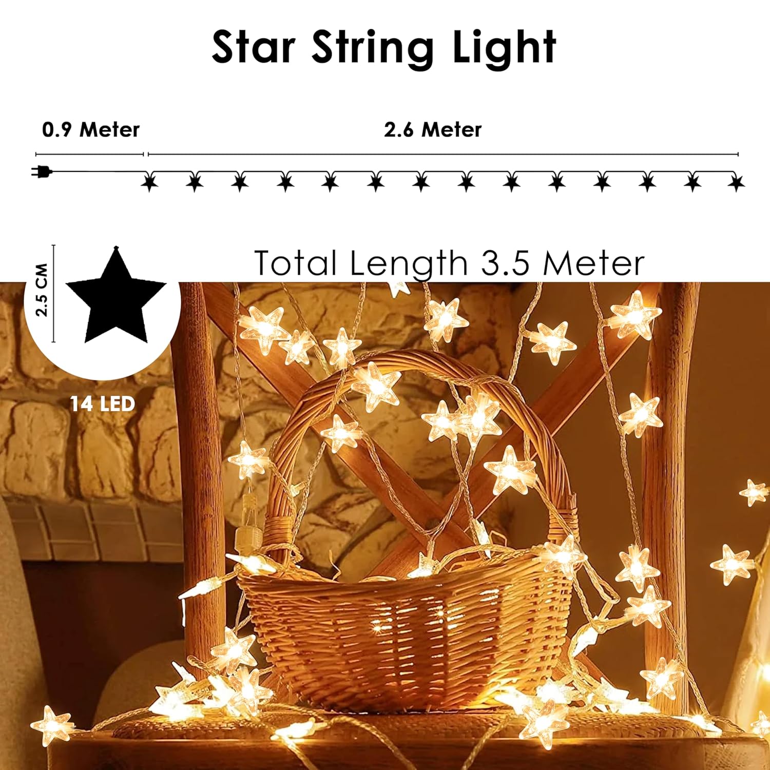 Gesto Serial String Lights - 14 LED Crystal Star, 10 Feet Warm White Fairy Lights for Home,Mandir,Pooja Room, Deepawali & Diwali Decoration, Christmas Tree Decoration,Festival Decorative Lights - Image 5