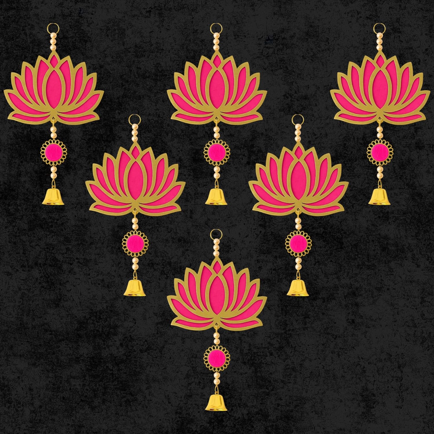 Panchhi Store Wall Hangings for Home Decoration Lotus Latkan Toran with Bells Diwali Dcor Items, Ganpati Decoration Items for Home Pooja Deocration Items for All Festivals Decore - Pink Pack of 6 - Image 2