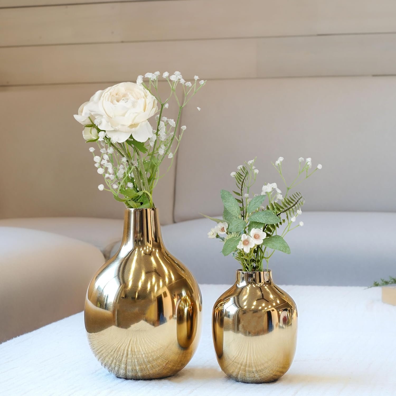 Behoma Glossy Golden Metal Flower Vase for Home Decor| Decoration Item for Living Room Office|Table Decorative Flower Pot for Gifting on Diwali Ganpati Onam | (Pack of 2, Gold) (Flowers not Included) - Image 7