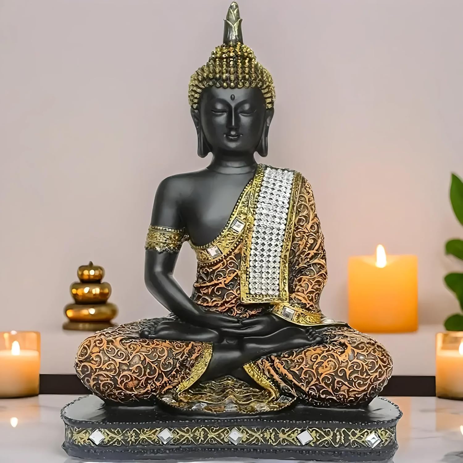 Global Grabbers New 25 Centimetre Meditating Sitting Buddha Statue showpiece Idol Home Decor Items for Living Room and Gifts (1, Orange Black) - Image 7