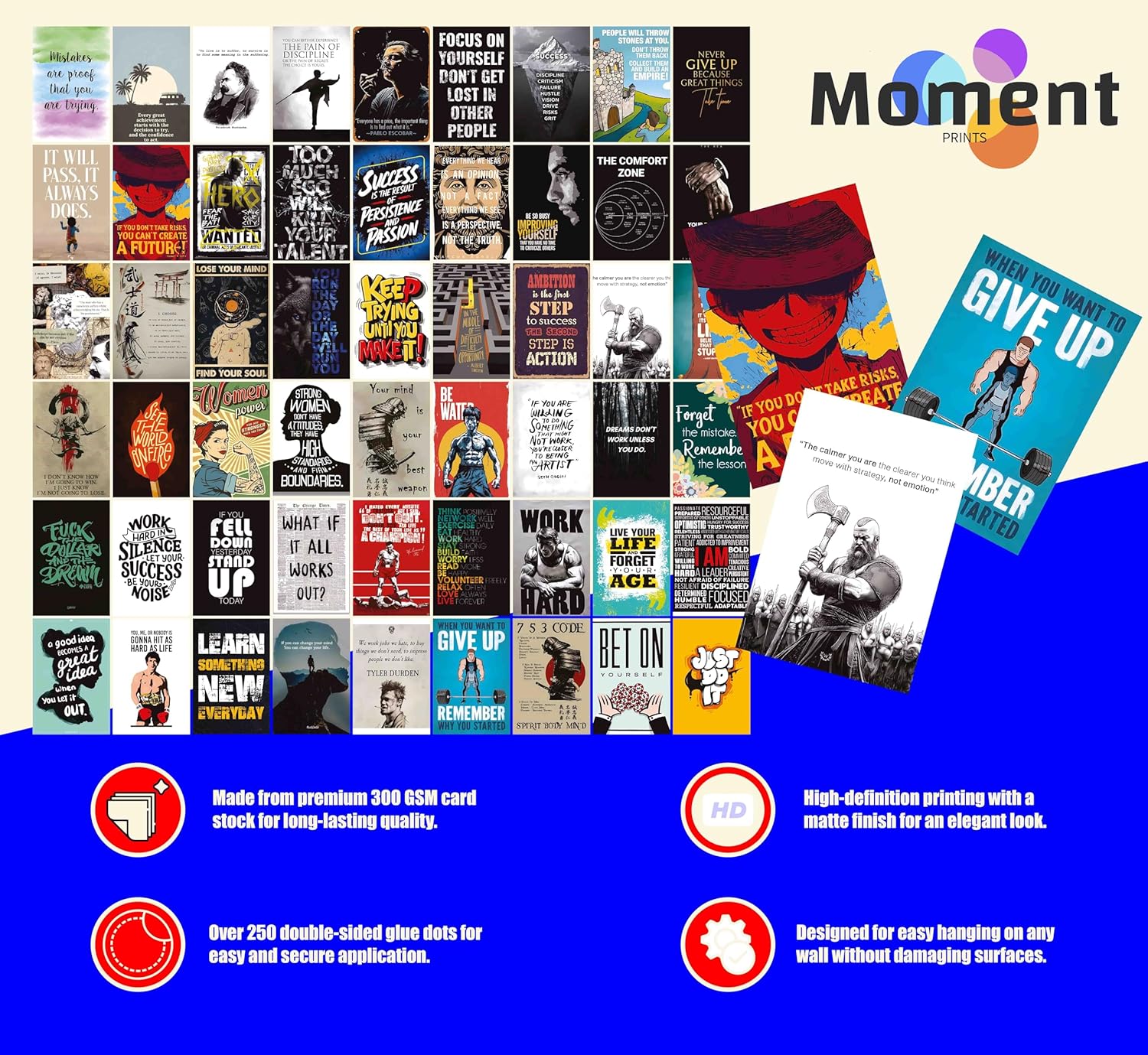 Moment Prints Set of 54 Motivational Inspirational Wall Collage Kit Posters - 4x6 Inches, 300 GSM Matte Finish, Double-Side Tape, Cardstock Included - Perfect for Office, Gym, Study Room Decoration - Image 6