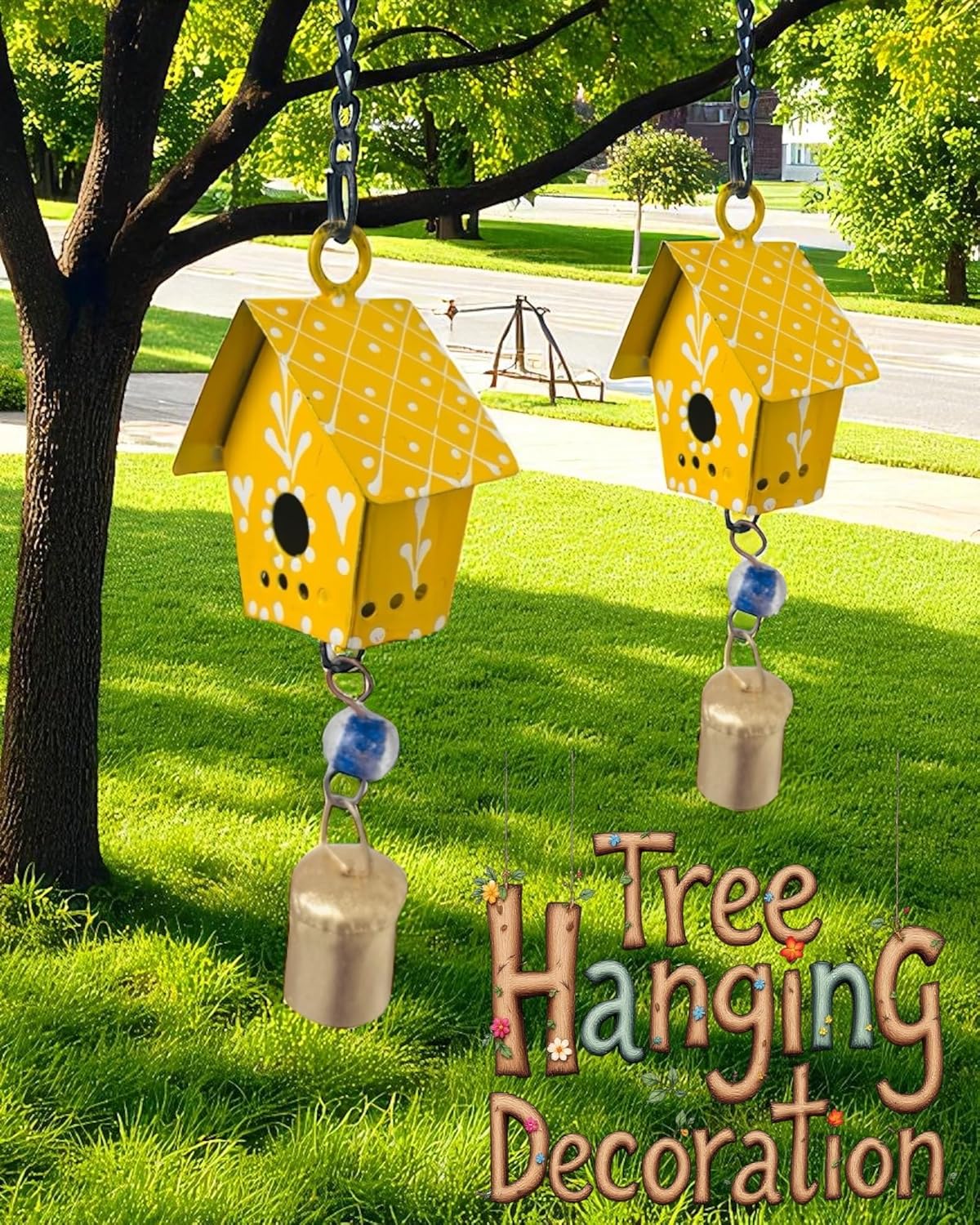 2 Pc Hut Wall Hanging Decor | Garden Tree Hanging Bells Decoration | Handpainted Hanging Ornaments for Home Living Room Wind Chime (Yellow) - Image 4