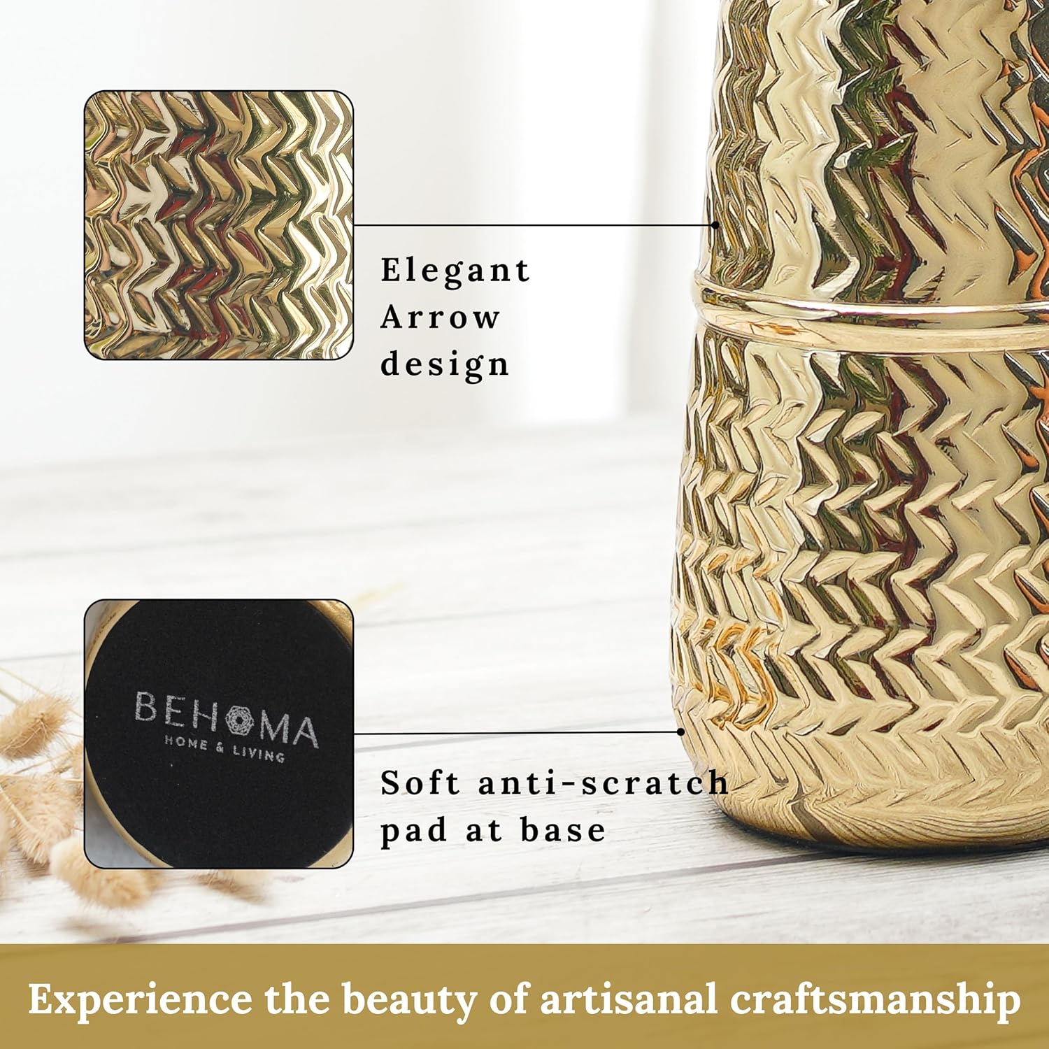BEHOMA Arrow Engrave Metal Cylindrical Vase for Living Room,Decoratives for Indoor Home Decor Office Decor Balcony,Best Gift for Birthday Anniversary Festival,Golden 1 Large Pcs(Flower not Included) - Image 7