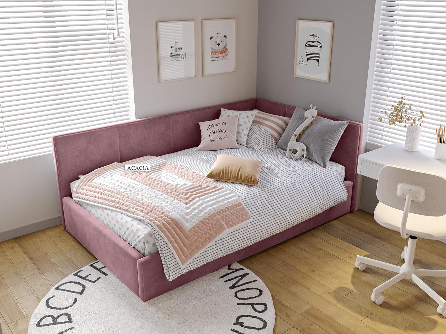 Acacia Modern Upholstered Single Size Bed for Bedroom | Wooden Sofa Cum Bed | Platform Cot Corner Bed with Upholstery Premium Fabric | Sheesham Solid Wood (Rosewood, Mauve Pink) - Image 2