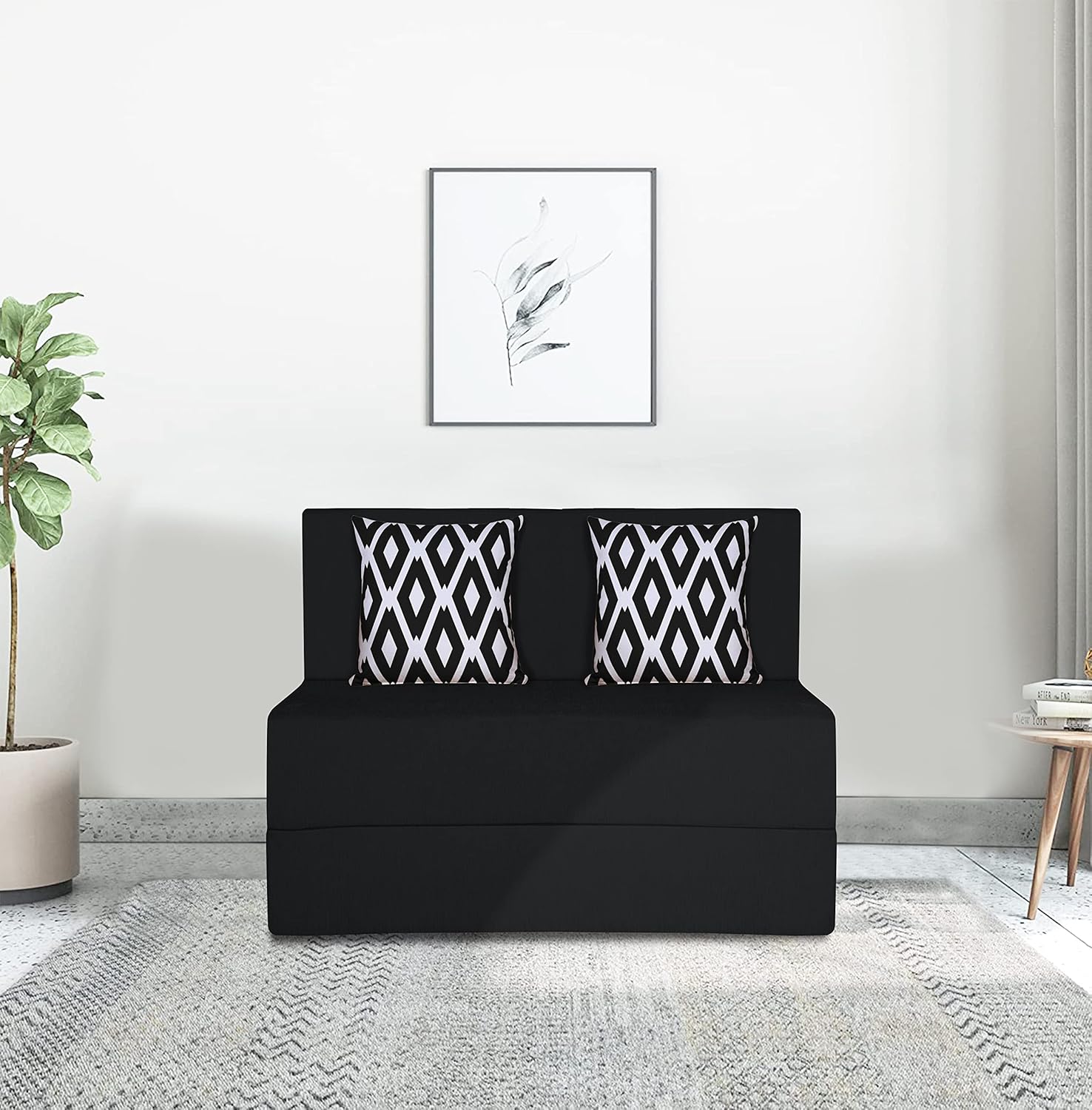 Adorn India Easy 2 Seater Sofa Cum Bed (Rhombus Pattern) Chennile Fabric - Washable Cover - Including 2 Cushion - Size 3' x 6' Ft (Black Color) Perfect for Home & Office for Guests - Image 2