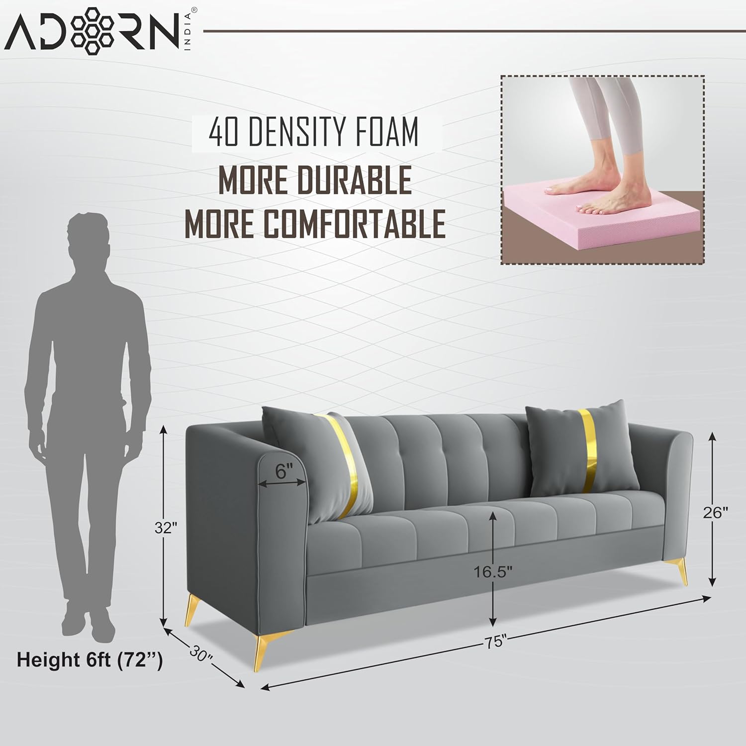 Adorn India Premium Mystic - 3 Years Warranty - 3 Seater Sofa Velvet Suede Fabric - Grey - Image 2