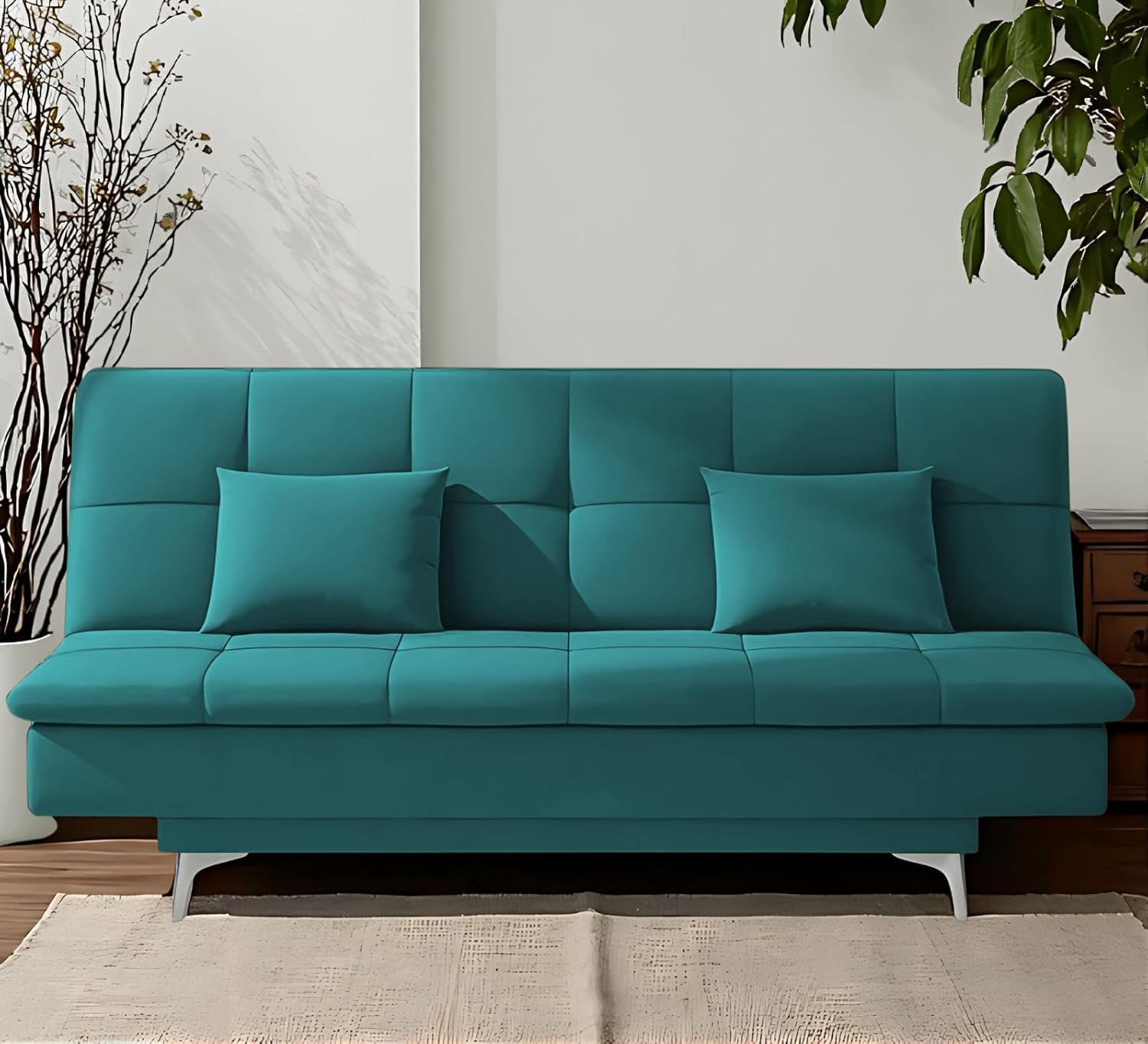 Adorn India Premium New Aspen 3 Seater Sofa Cum Bed 4X6 Velvet Suede with 2 Cushions (Color Aqua Blue) and Suitable for All Indoor, with 3 Years Warranty - Image 2