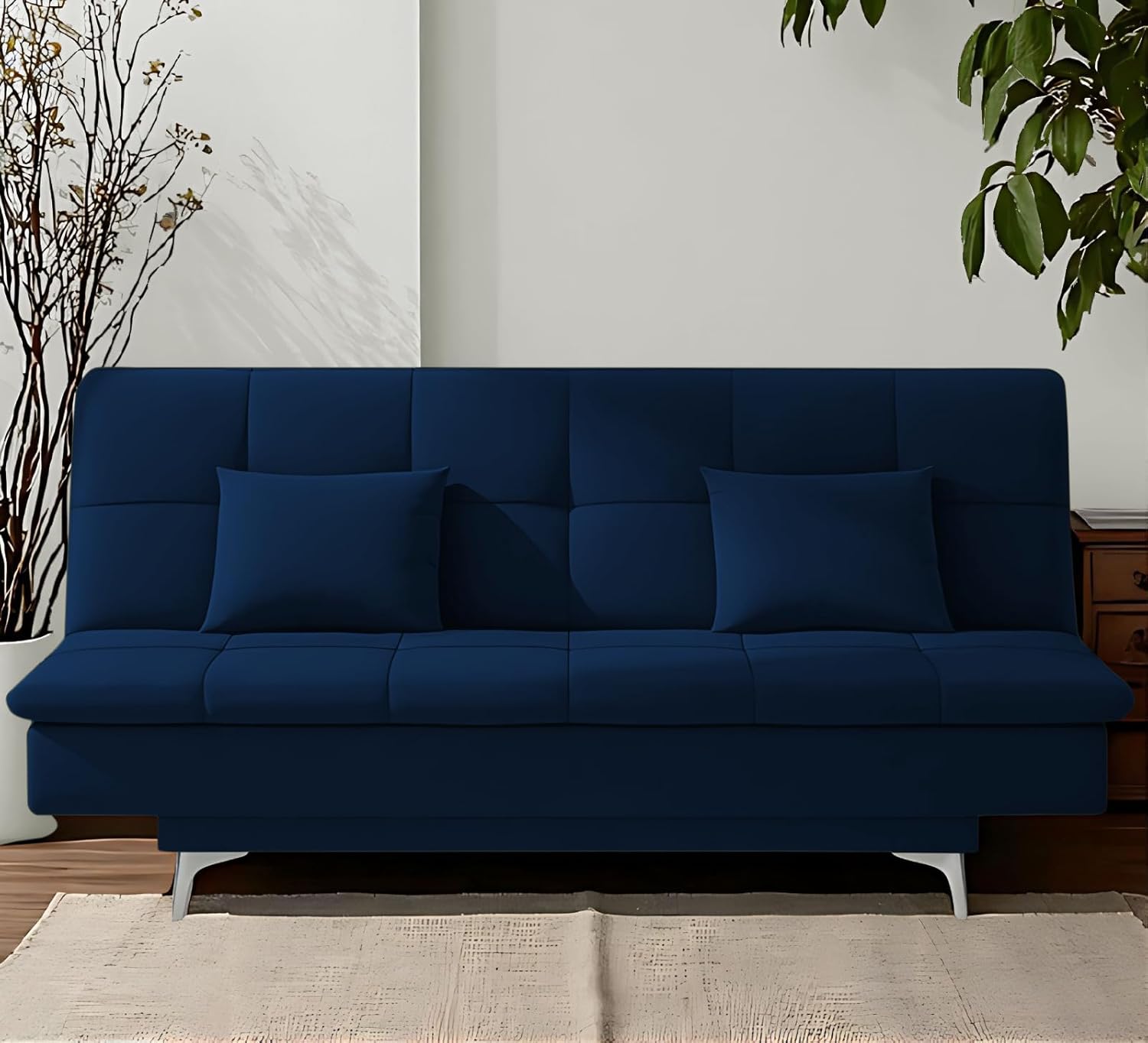 Adorn India Premium New Aspen 3 Seater Sofa Cum Bed 4X6 Velvet Suede with 2 Cushions (Color Blue) and Suitable for All Indoor, with 3 Years Warranty - Image 2