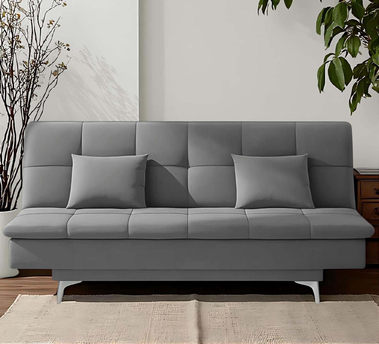Adorn India Premium New Aspen 3 Seater Sofa Cum Bed 4X6 Velvet Suede with 2 Cushions (Color Grey) and Suitable for All Indoor, with 3 Years Warranty - Image 2