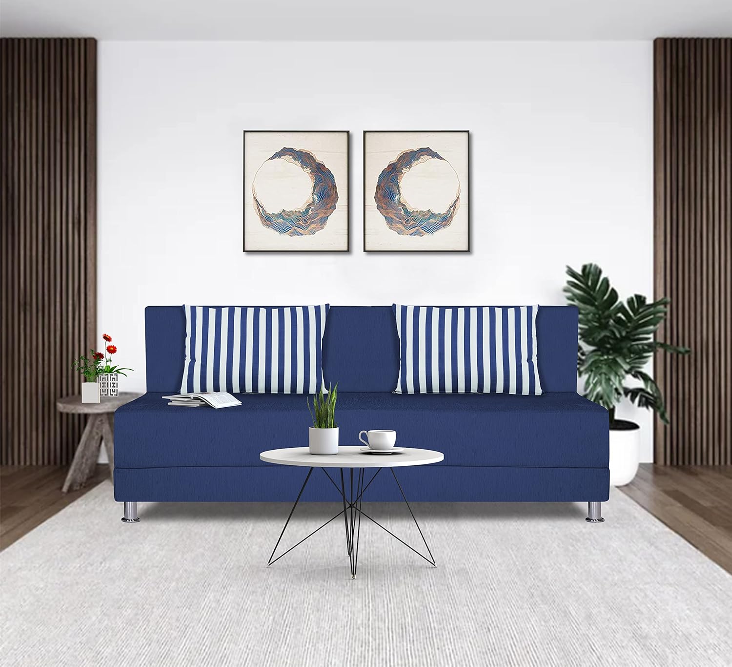 Adorn India Wood Easy Alyn Plus Stripes 4 Seater Sofa Cum Bed (6X6) (Blue) (1 Year Warranty) - Image 2