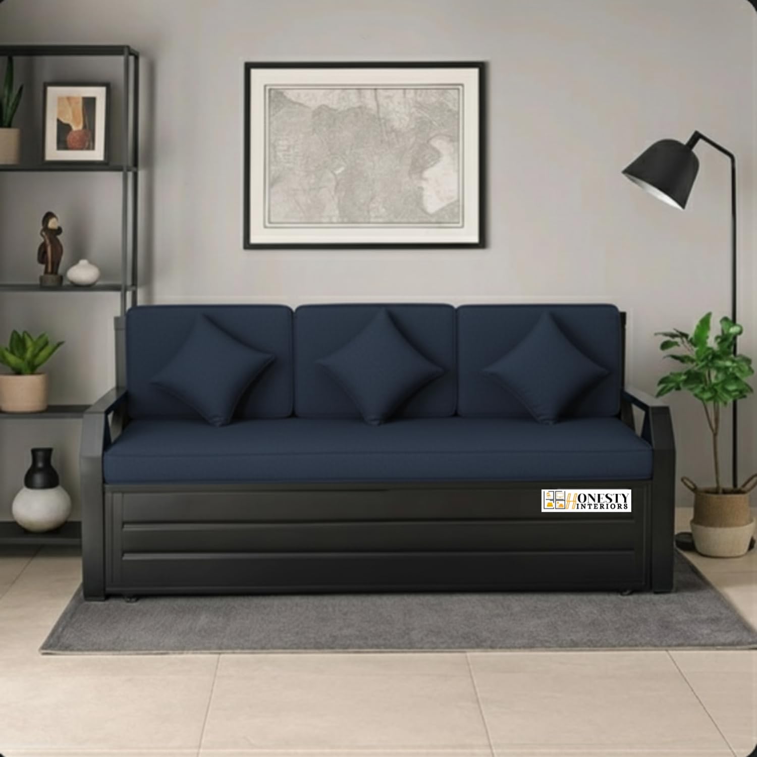 AeroRest Sofa Cum Bed Single Size Navy Blue | Wooden Convertible Sofa Bed with Cushions | Modern Space-Saving Furniture - Image 2